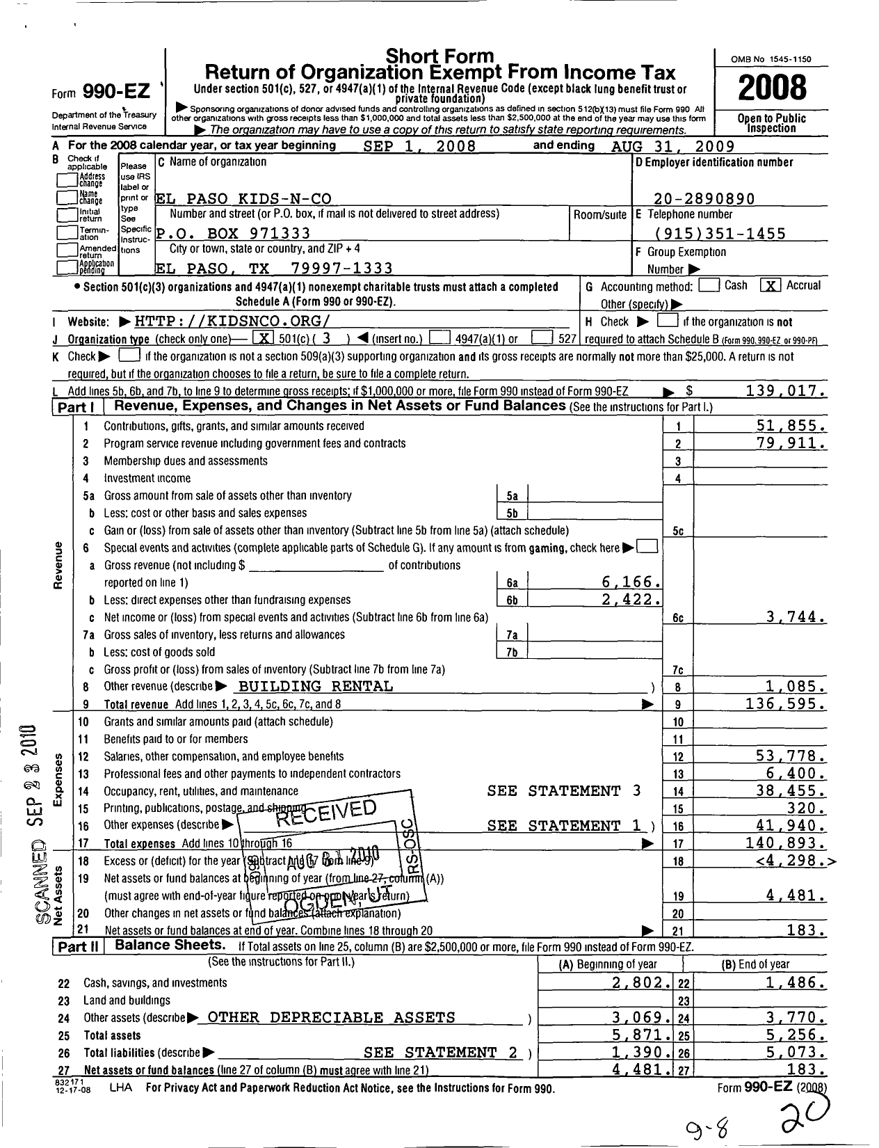 Image of first page of 2008 Form 990EZ for El Paso Kids N