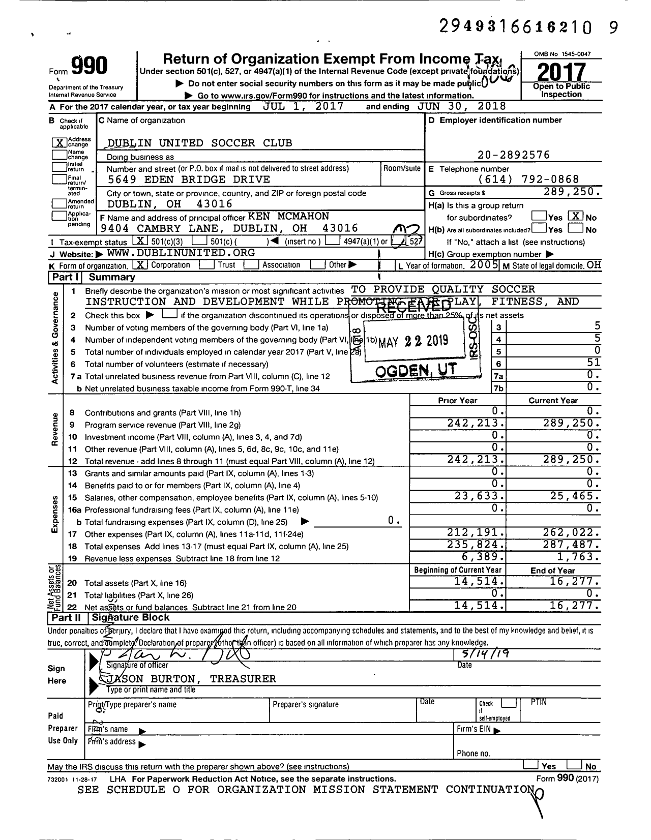 Image of first page of 2017 Form 990 for Dublin United Soccer Club