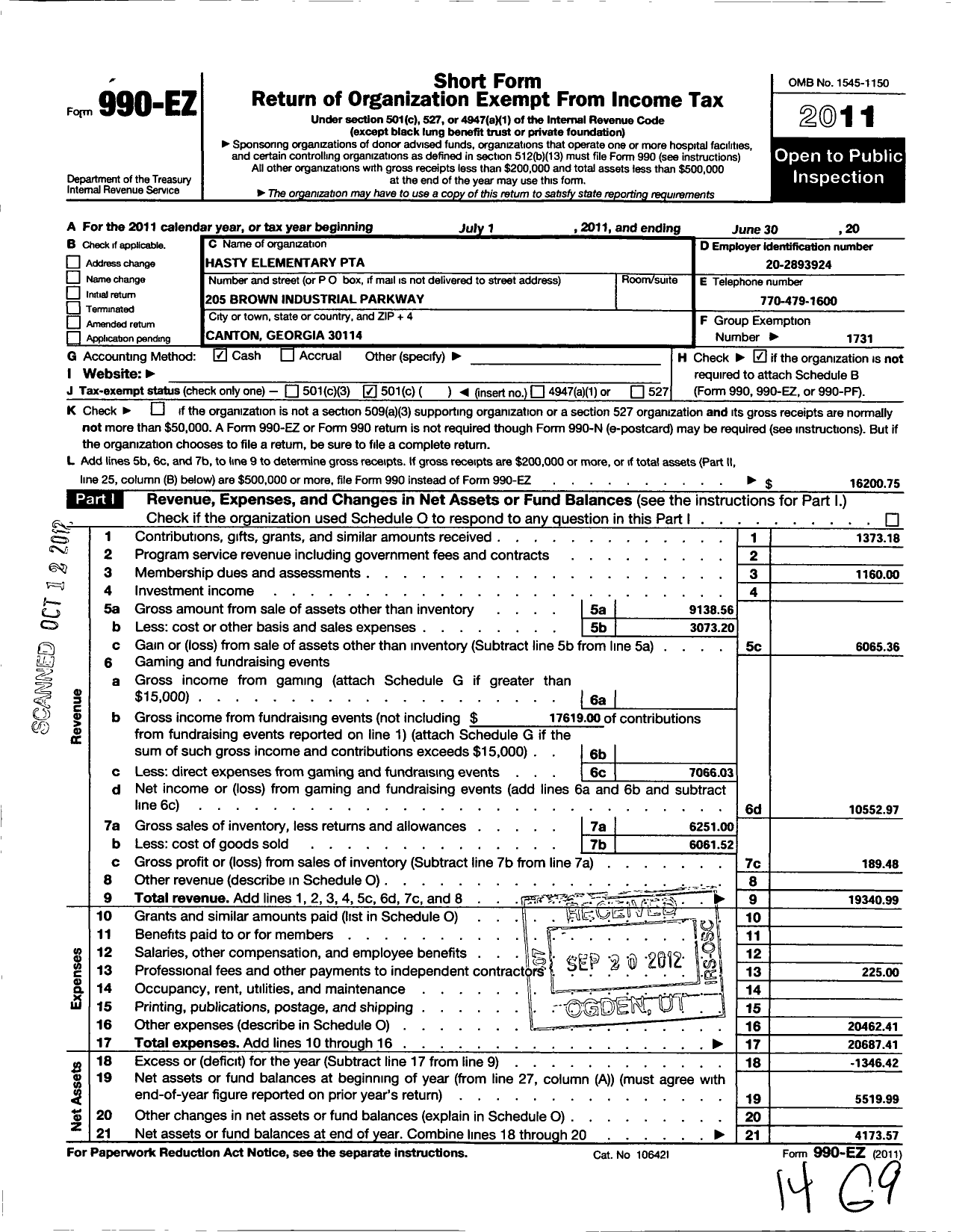 Image of first page of 2011 Form 990EO for Georgia PTA - Hasty Es PTA