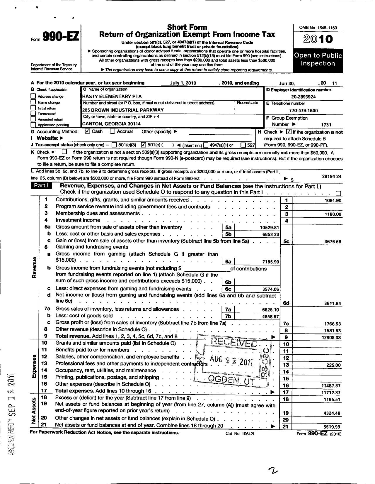 Image of first page of 2010 Form 990EO for Georgia PTA - Hasty Es PTA