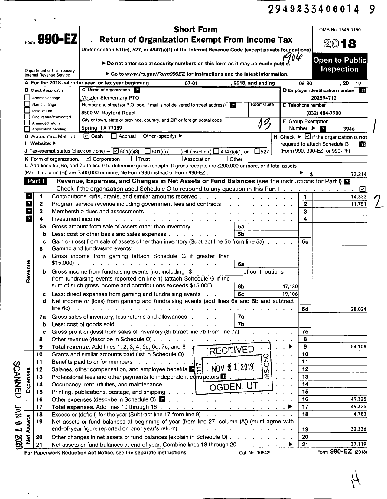 Image of first page of 2018 Form 990EZ for Metzler Elementary School PTO