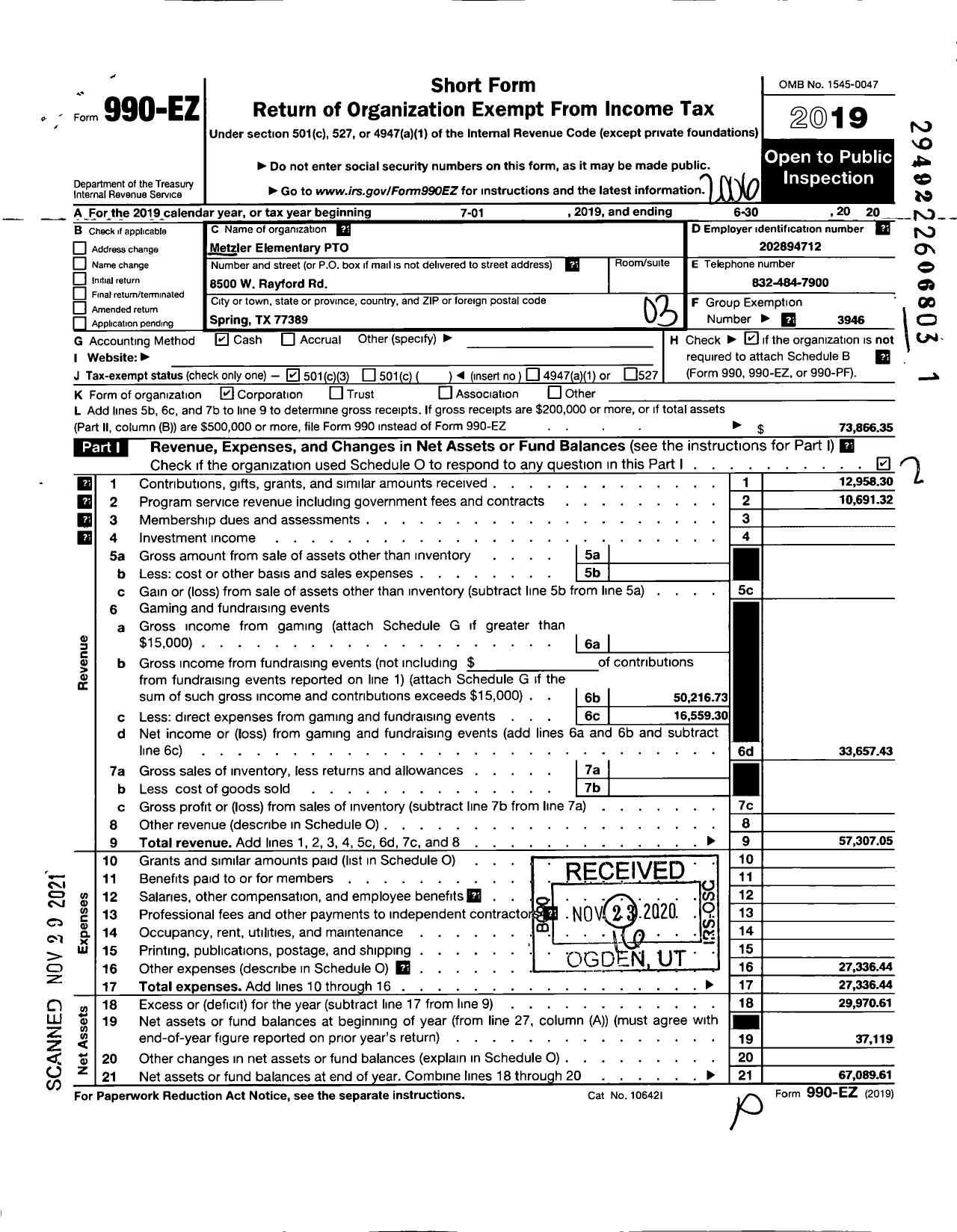 Image of first page of 2019 Form 990EZ for Metzler Elementary School PTO