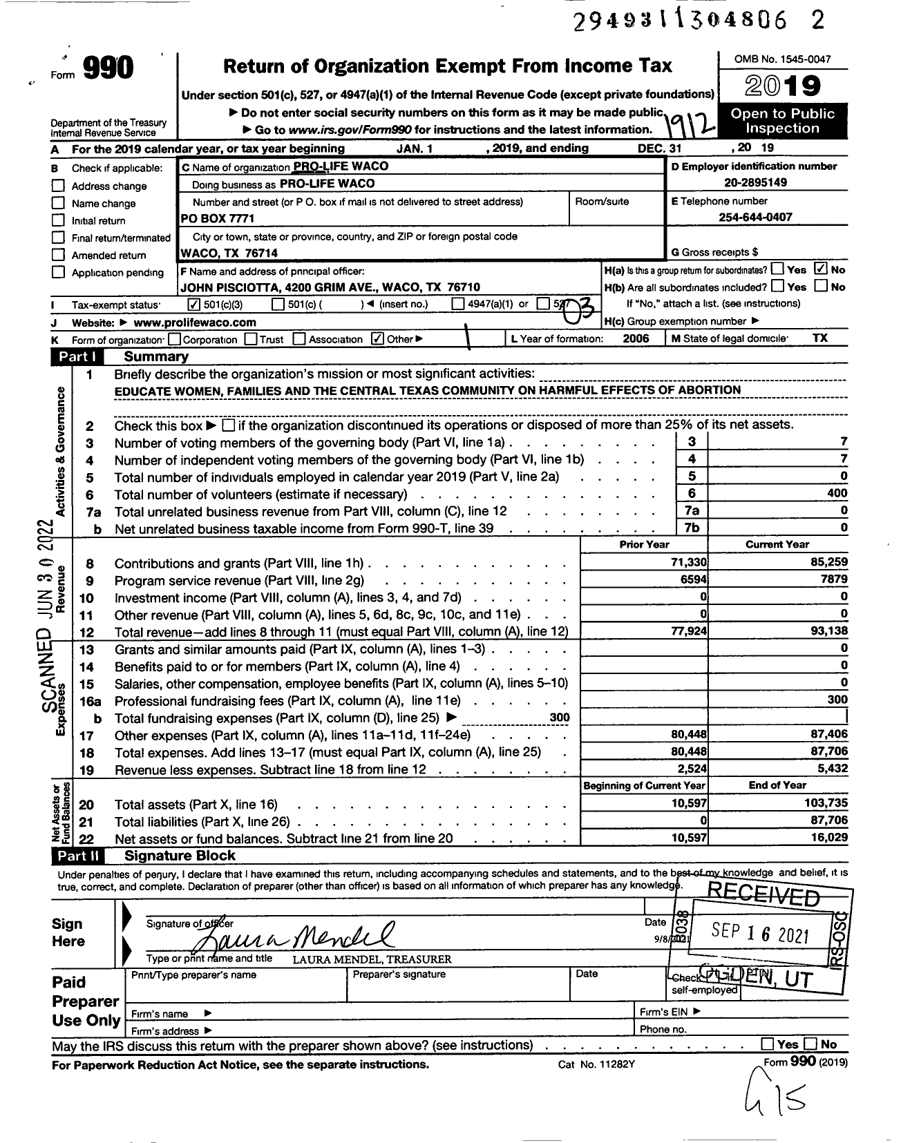 Image of first page of 2019 Form 990 for Pro-Life Waco