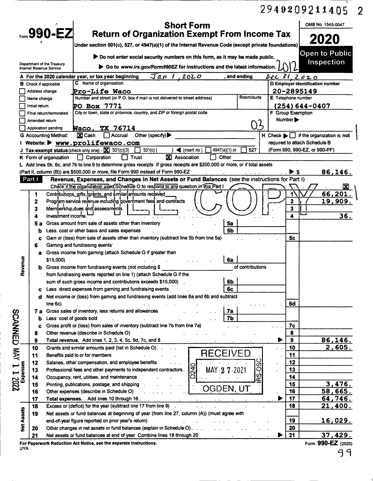 Image of first page of 2020 Form 990EZ for Pro-Life Waco