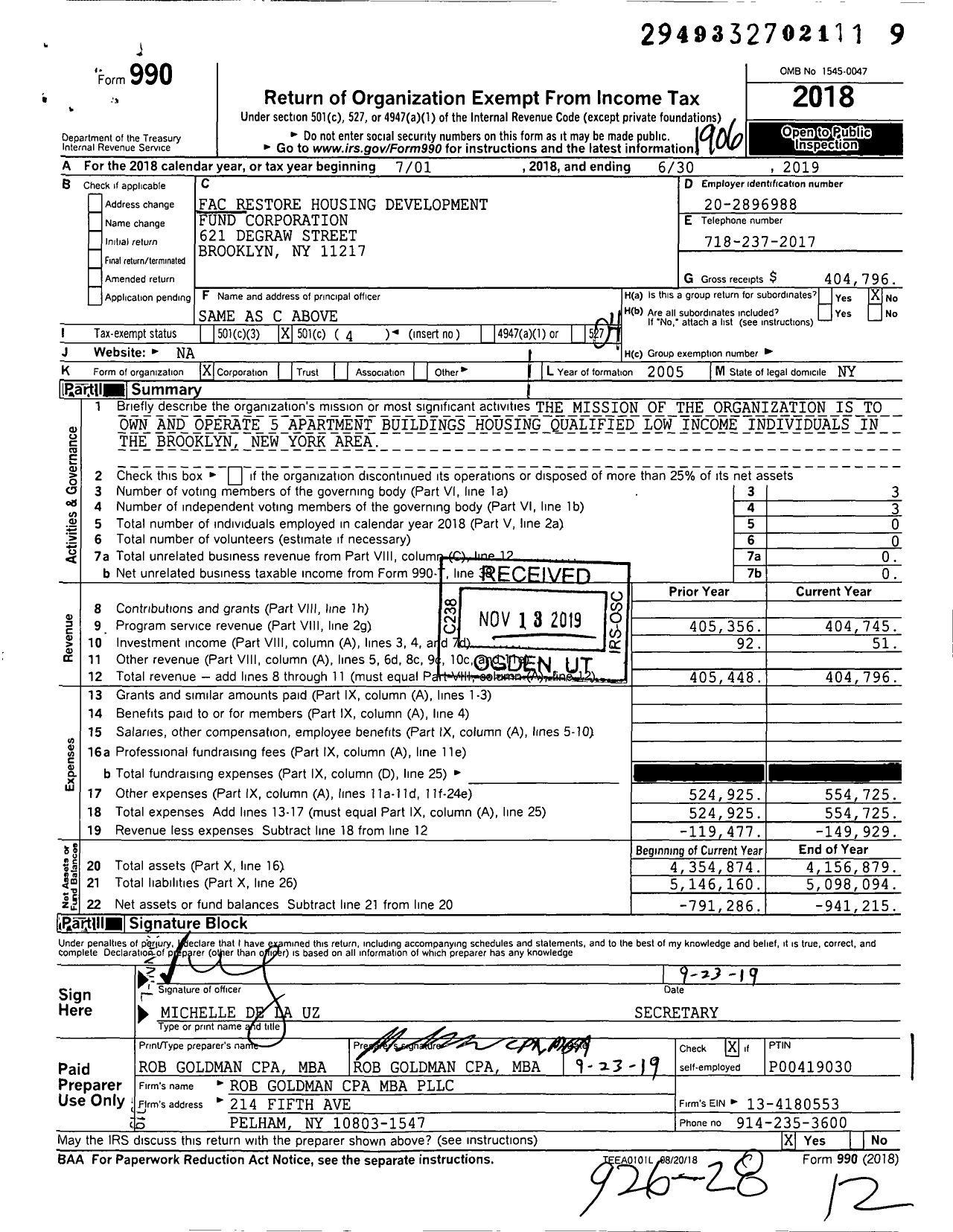 Image of first page of 2018 Form 990O for Fac Restore Housing Development Fund Corporation