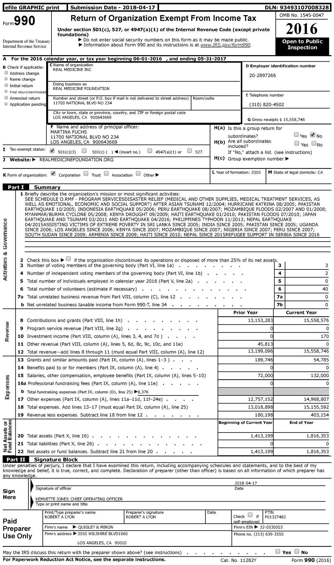 Image of first page of 2016 Form 990 for Real Medicine Foundation