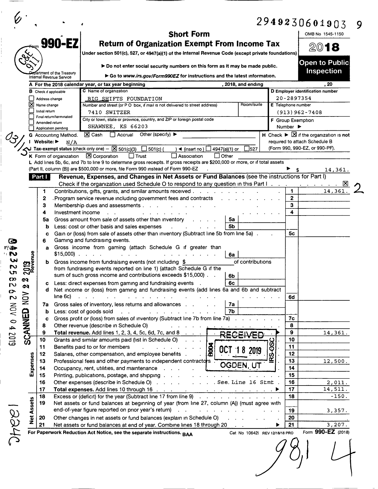 Image of first page of 2018 Form 990EZ for Small Changes Big Shifts Co