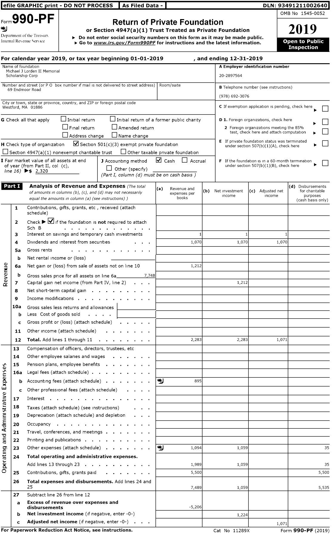 Image of first page of 2019 Form 990PR for Michael J Lorden II Memorial Scholarship Corp