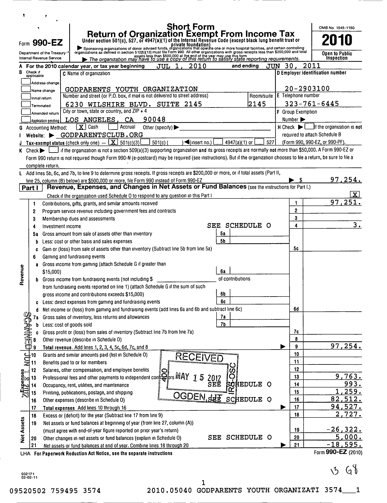 Image of first page of 2010 Form 990EZ for GodParents Youth Organization