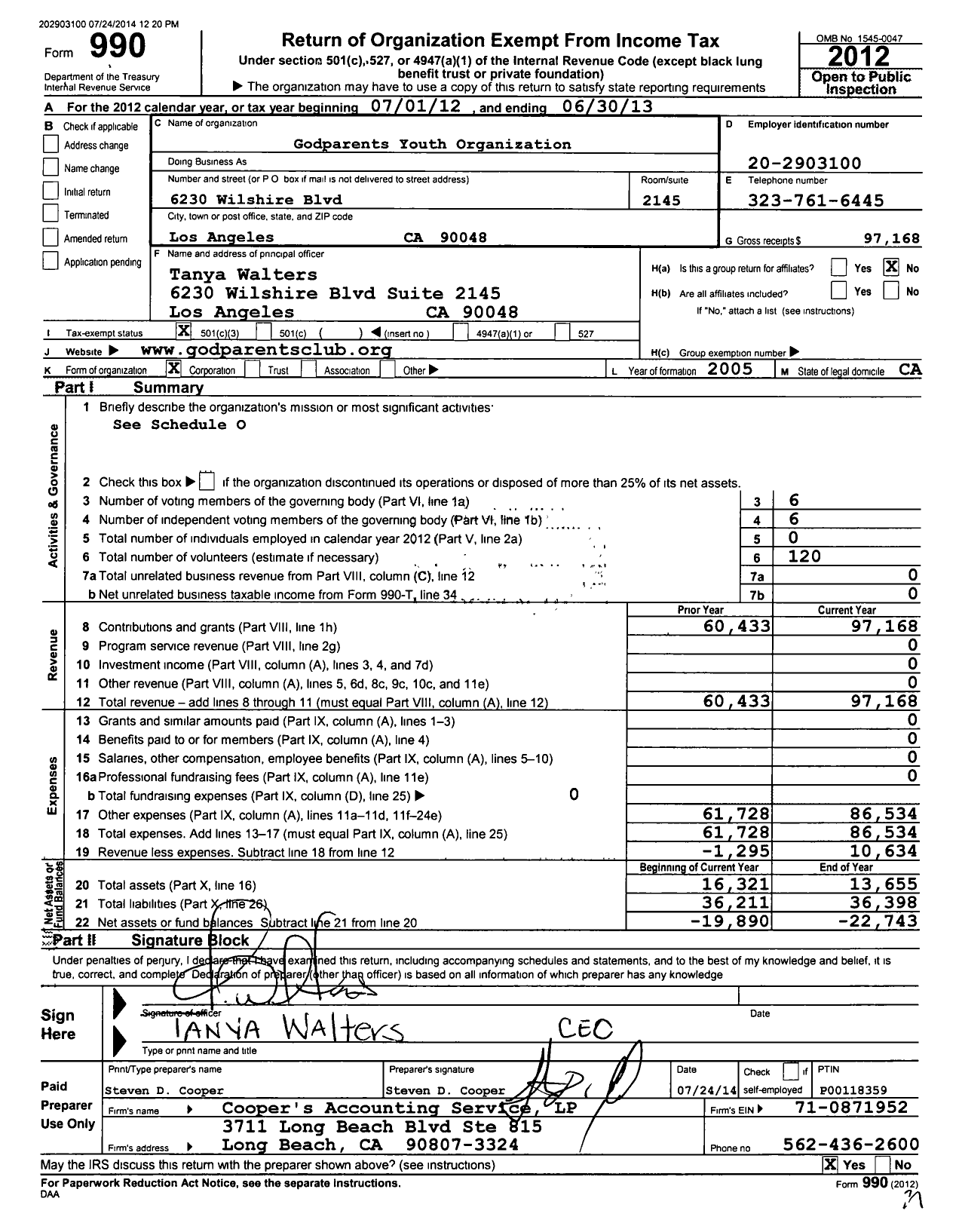 Image of first page of 2012 Form 990 for GodParents Youth Organization