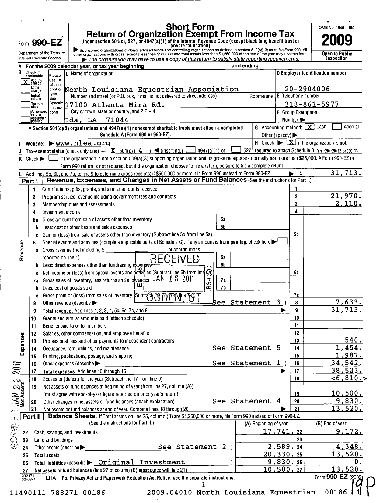 Image of first page of 2009 Form 990EO for North Louisiana Equestrian Association