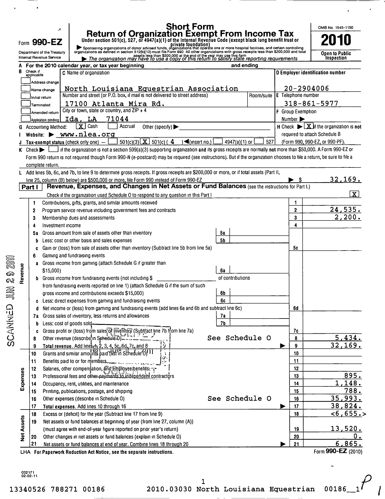 Image of first page of 2010 Form 990EO for North Louisiana Equestrian Association