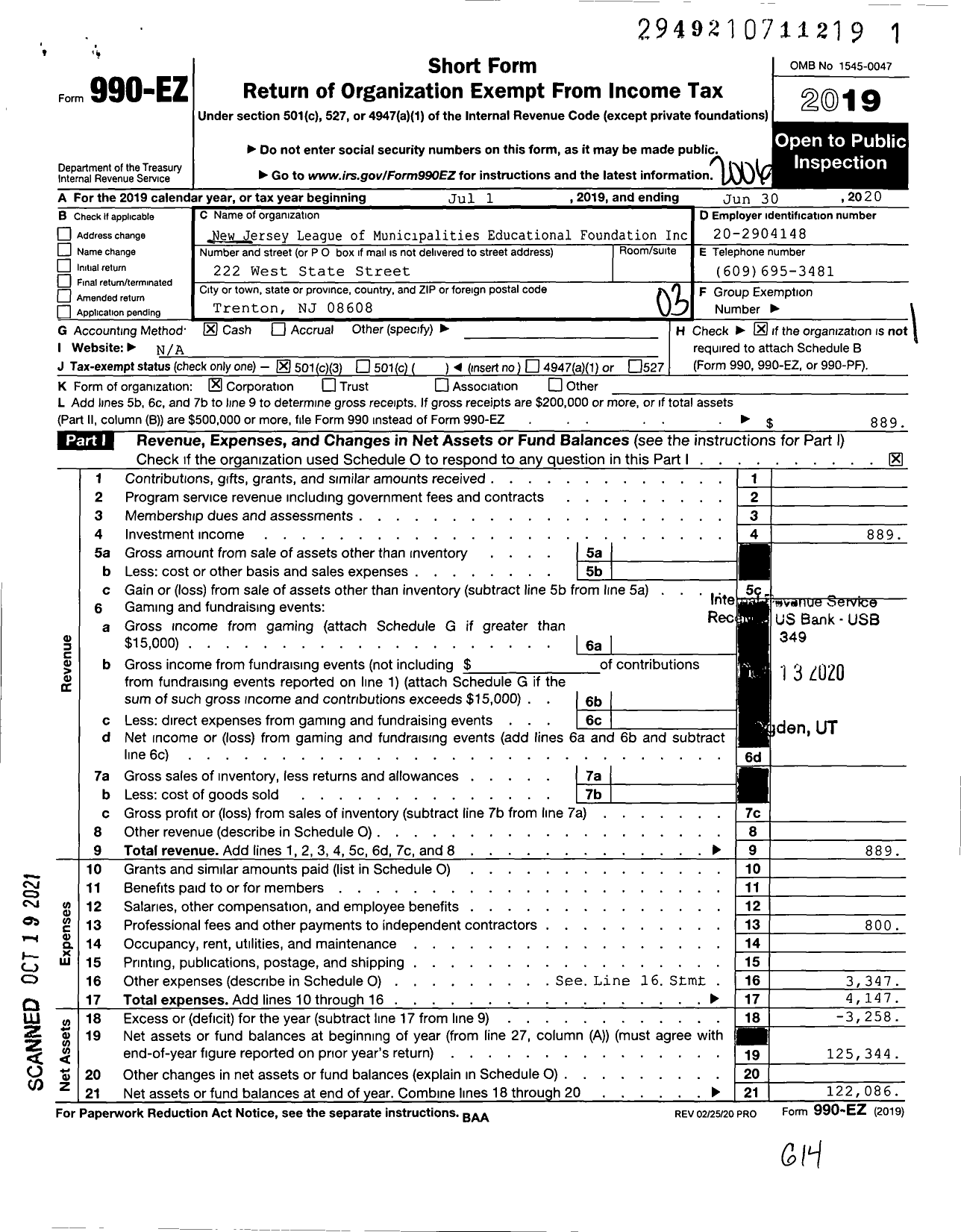 Image of first page of 2019 Form 990EZ for New Jersey League of Municipalities Educational Foundation