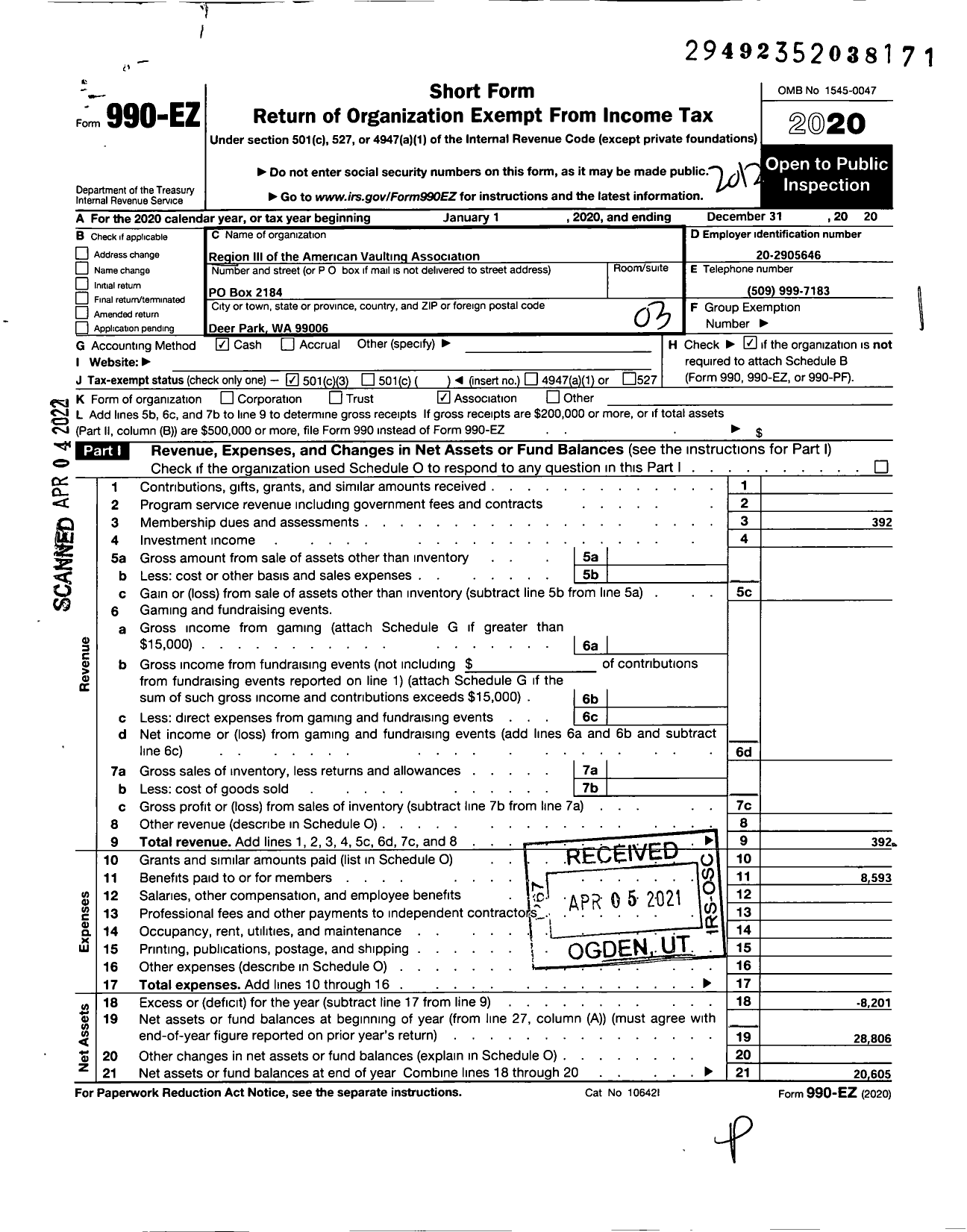 Image of first page of 2020 Form 990EZ for AMERICAN VAULTING ASSOCIATION Region III