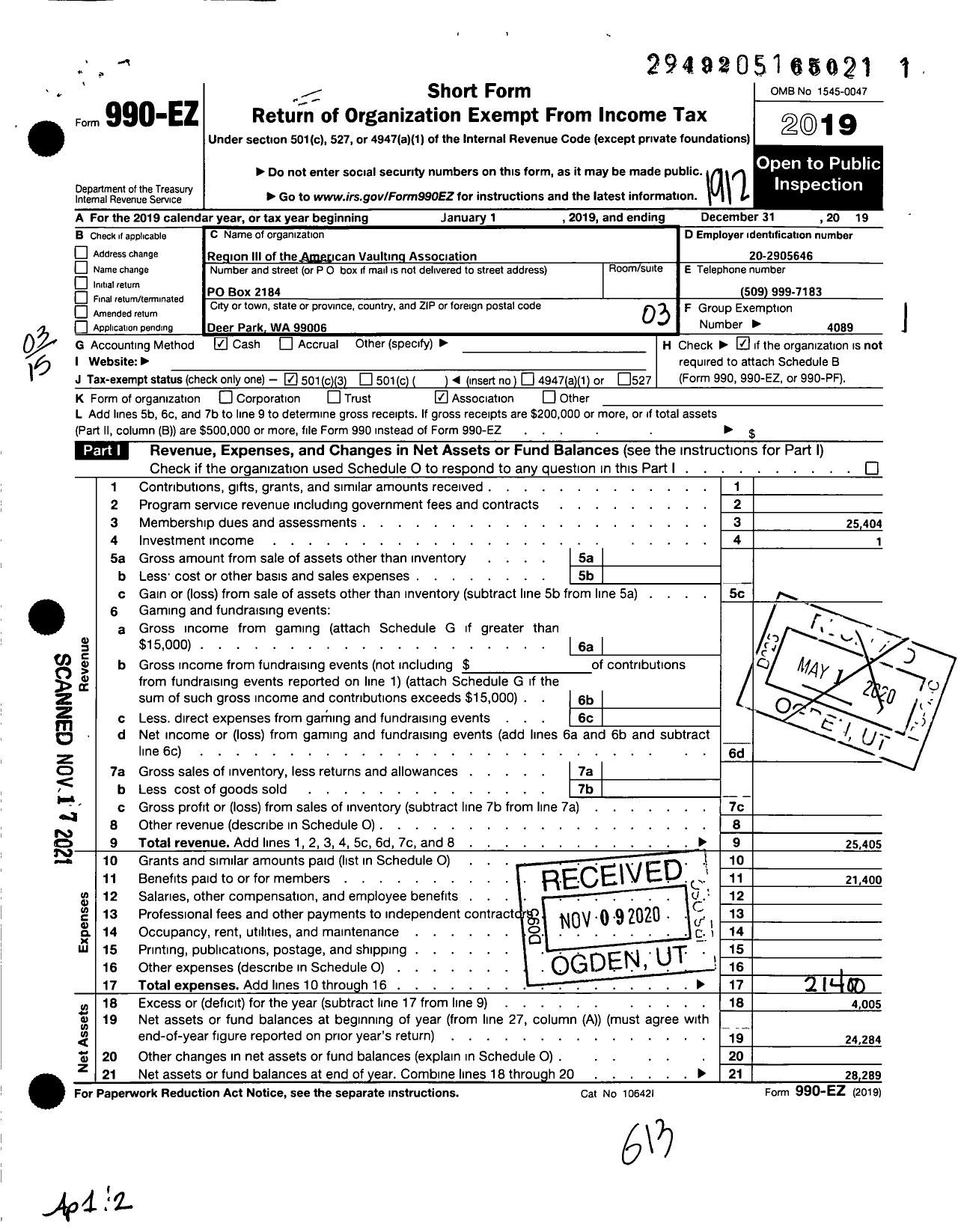 Image of first page of 2019 Form 990EZ for AMERICAN VAULTING ASSOCIATION Region III