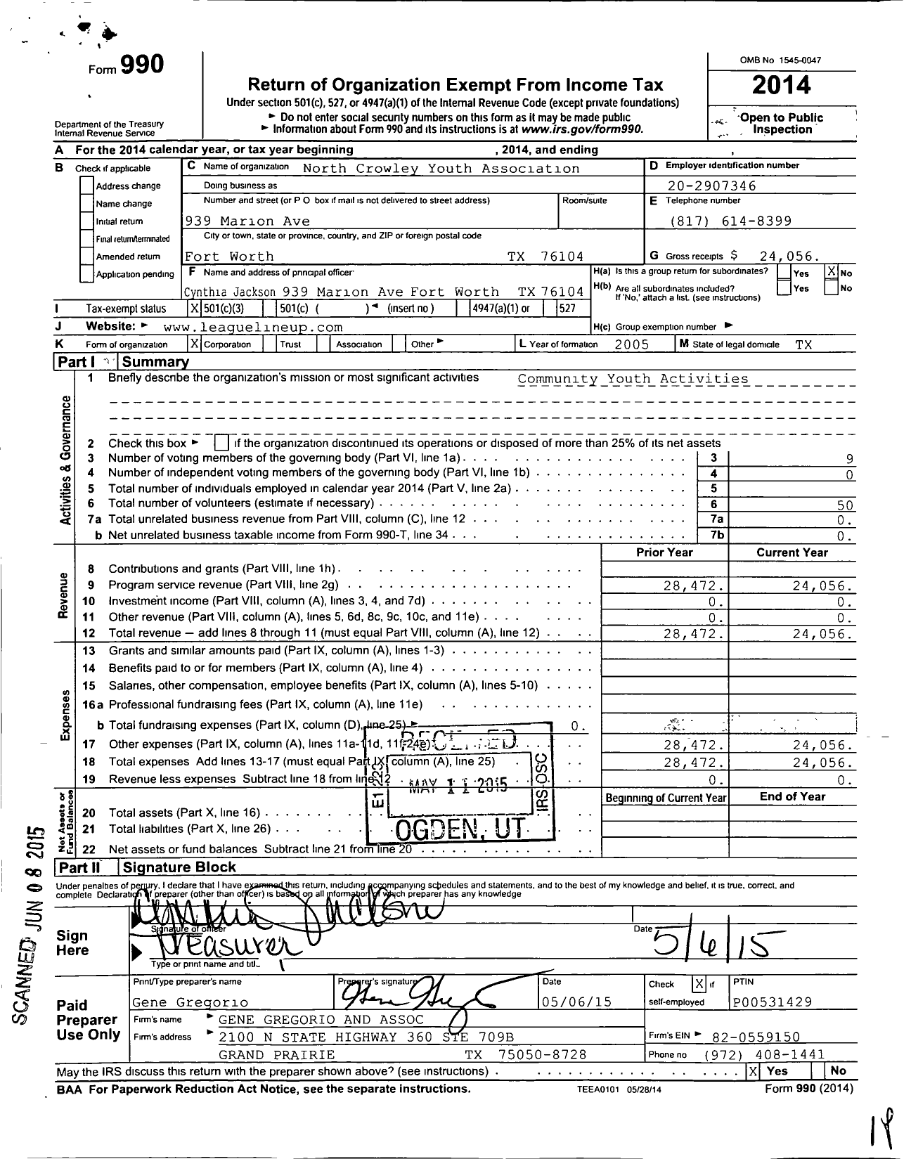 Image of first page of 2014 Form 990 for North Crowley Youth Association