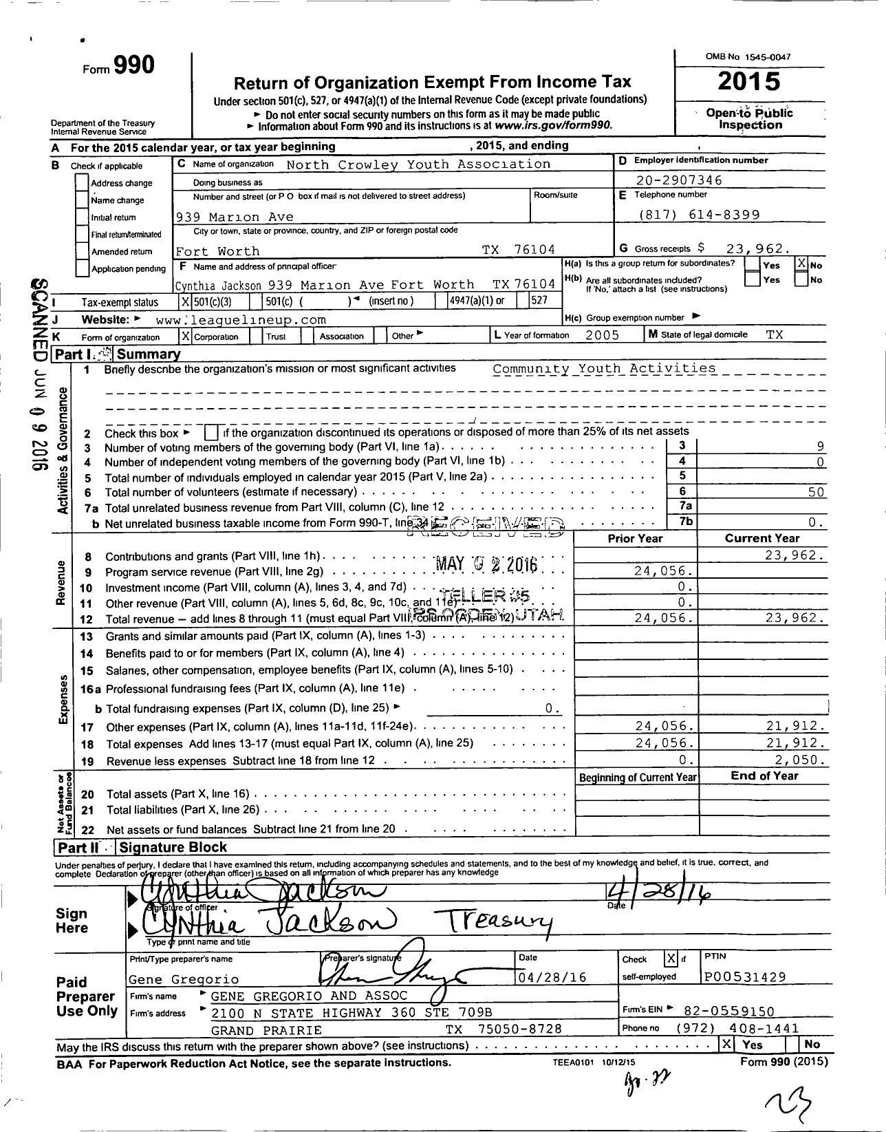 Image of first page of 2015 Form 990 for North Crowley Youth Association