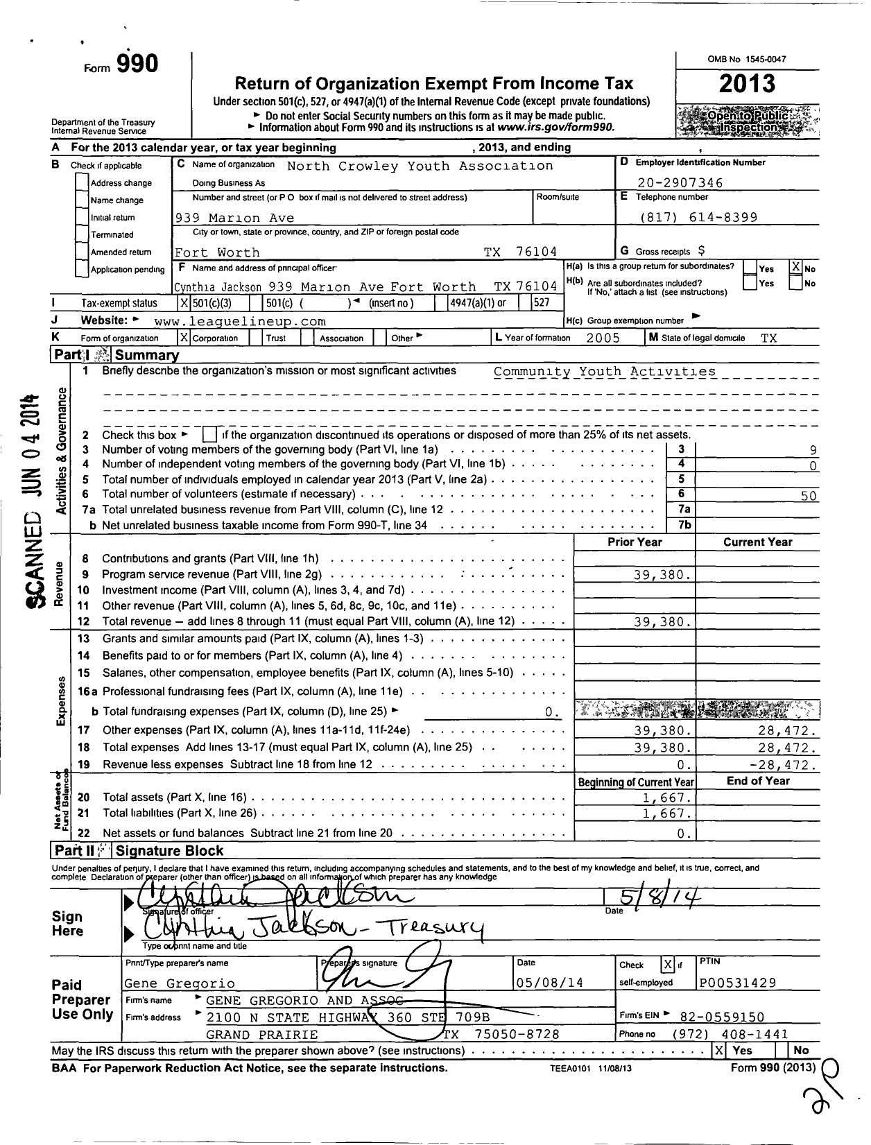 Image of first page of 2013 Form 990 for North Crowley Youth Association