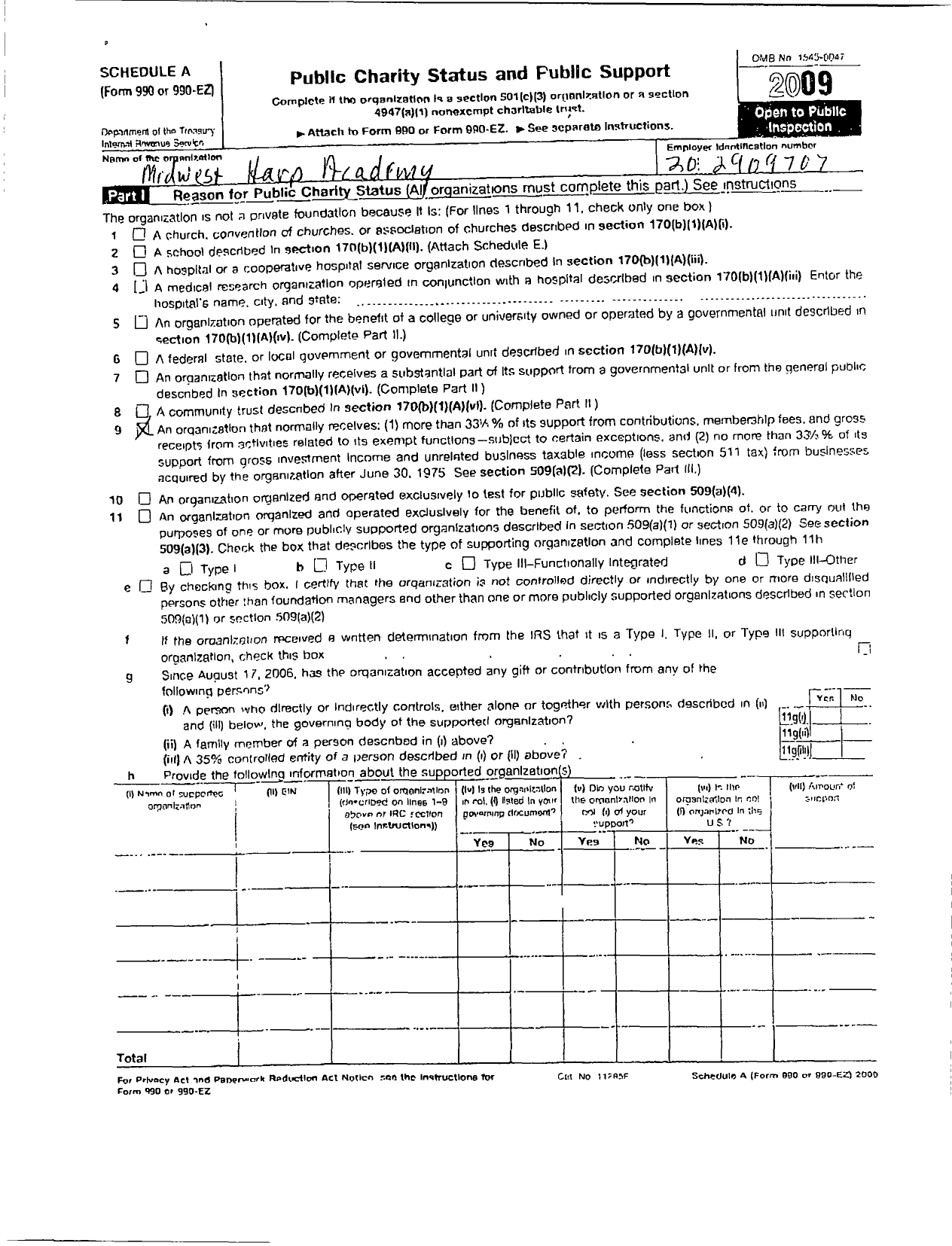 Image of first page of 2009 Form 990ER for Midwest Harp Academy