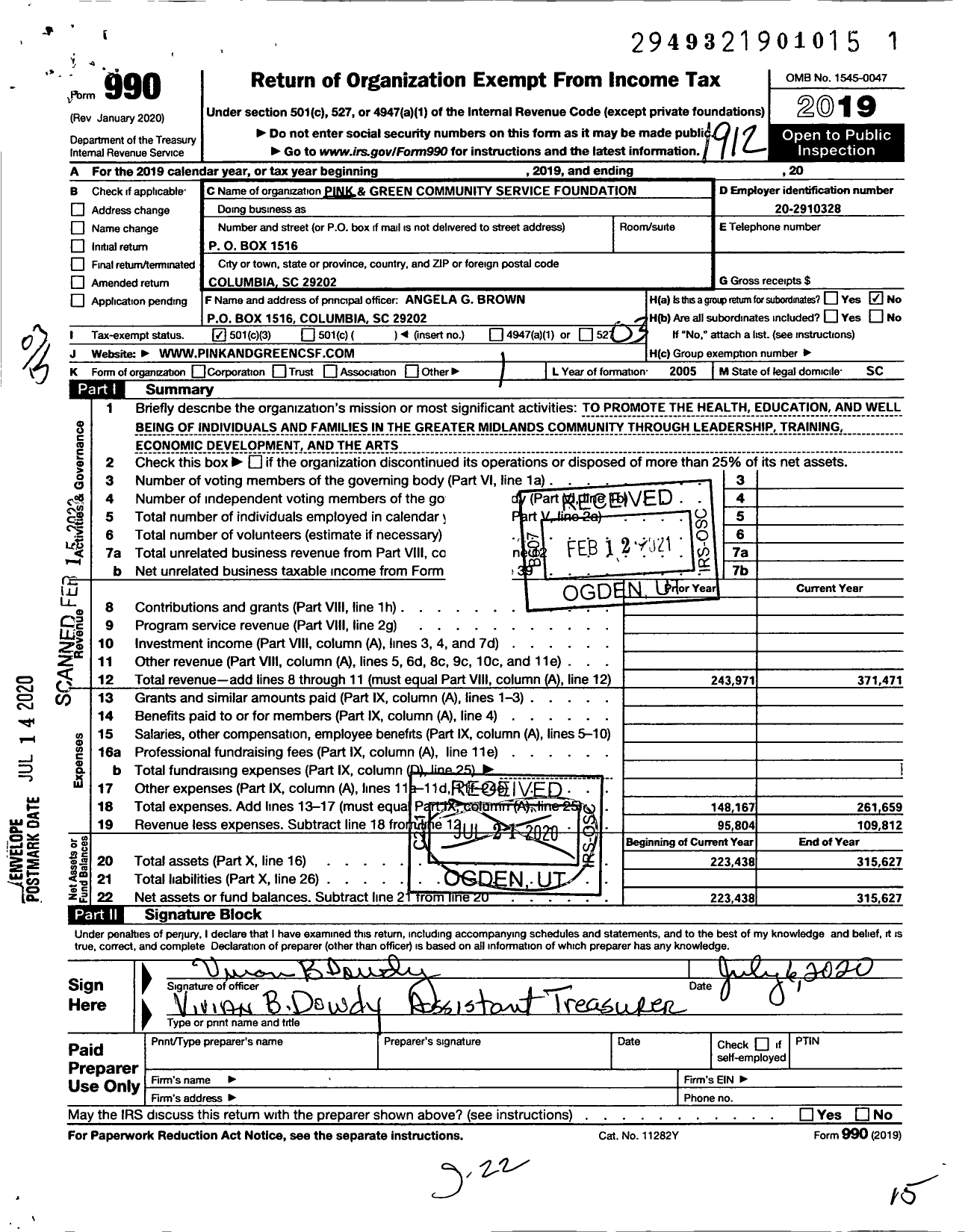 Image of first page of 2019 Form 990 for Pink and Green Community Service Foundaton