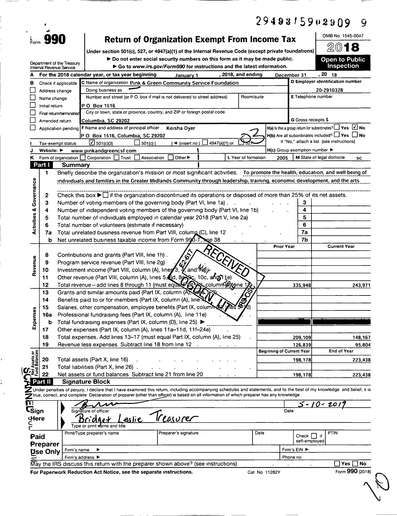 Image of first page of 2018 Form 990 for Pink and Green Community Service Foundaton