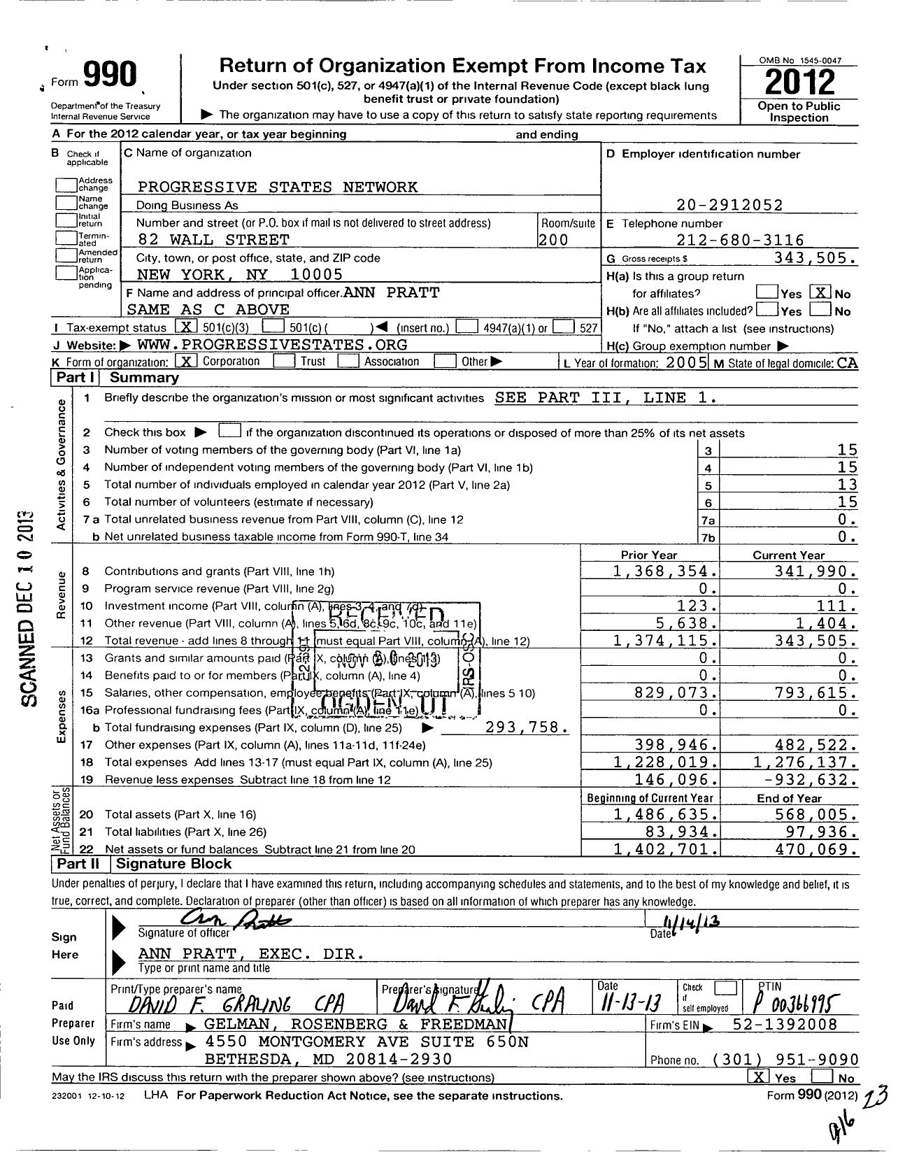 Image of first page of 2012 Form 990 for Progressive States Network