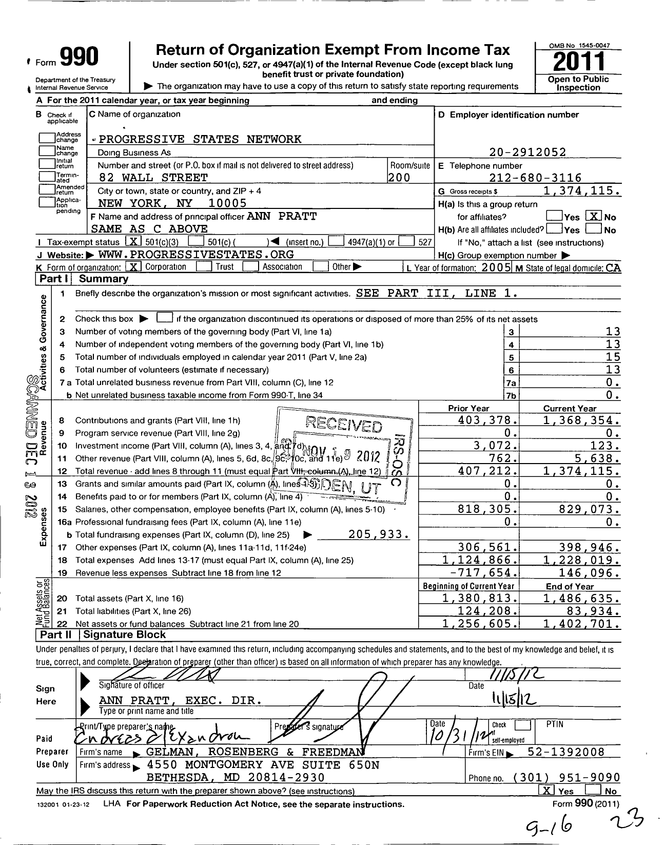Image of first page of 2011 Form 990 for Progressive States Network