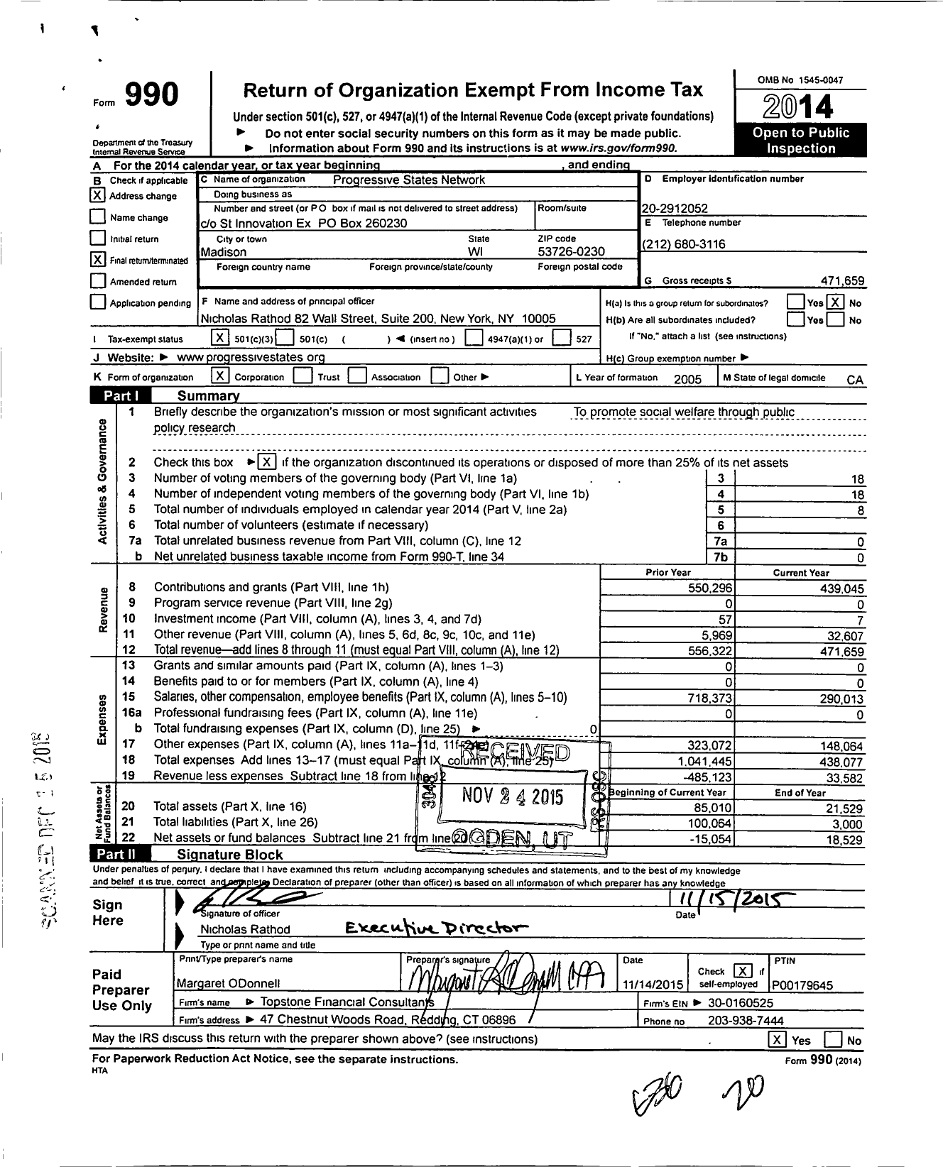Image of first page of 2014 Form 990 for Progressive States Network
