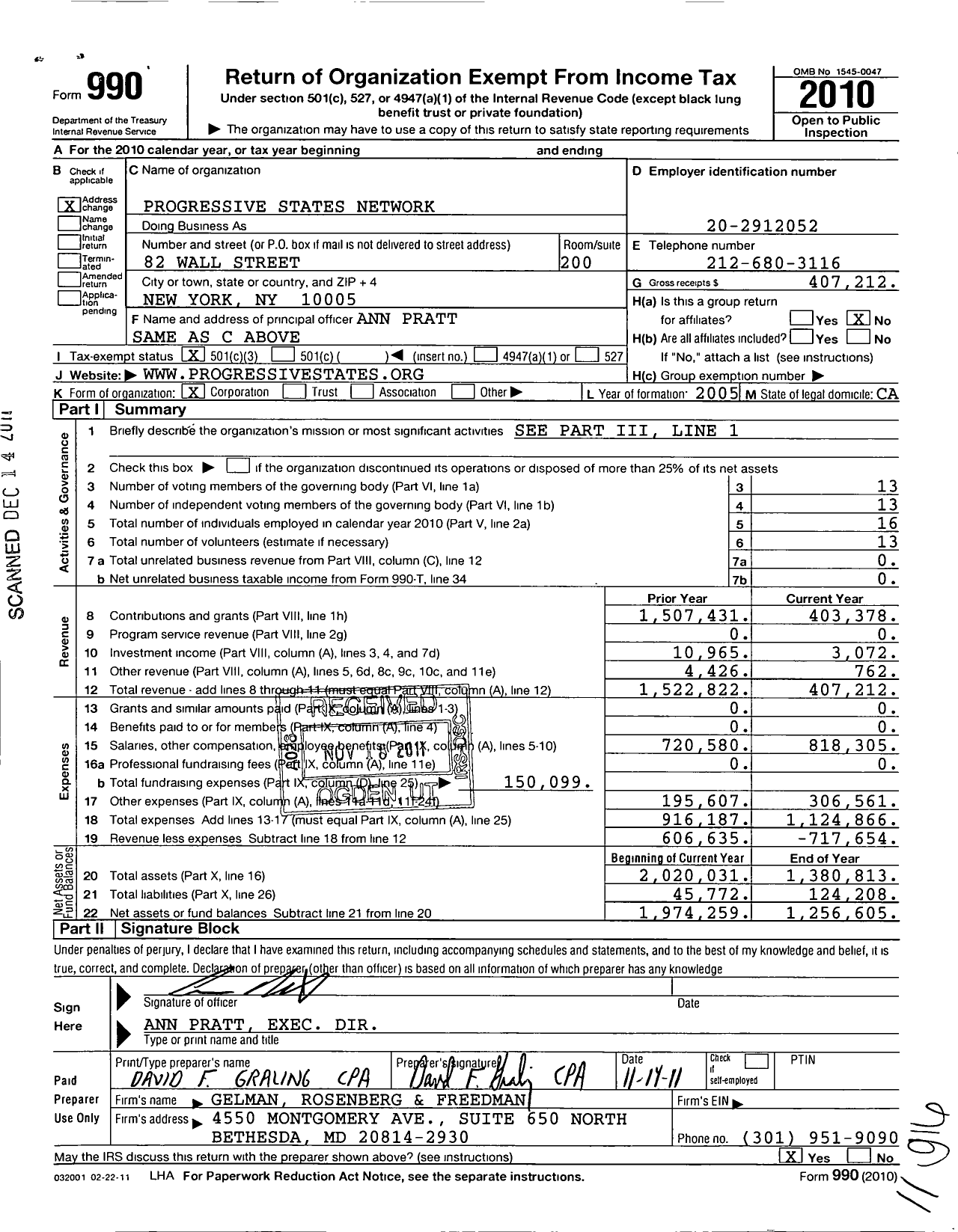 Image of first page of 2010 Form 990 for Progressive States Network
