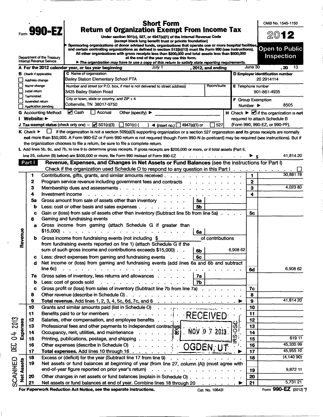 Image of first page of 2012 Form 990EZ for PTA Tennessee Congress of Parents Teachers / Bailey Station Elementary PTA