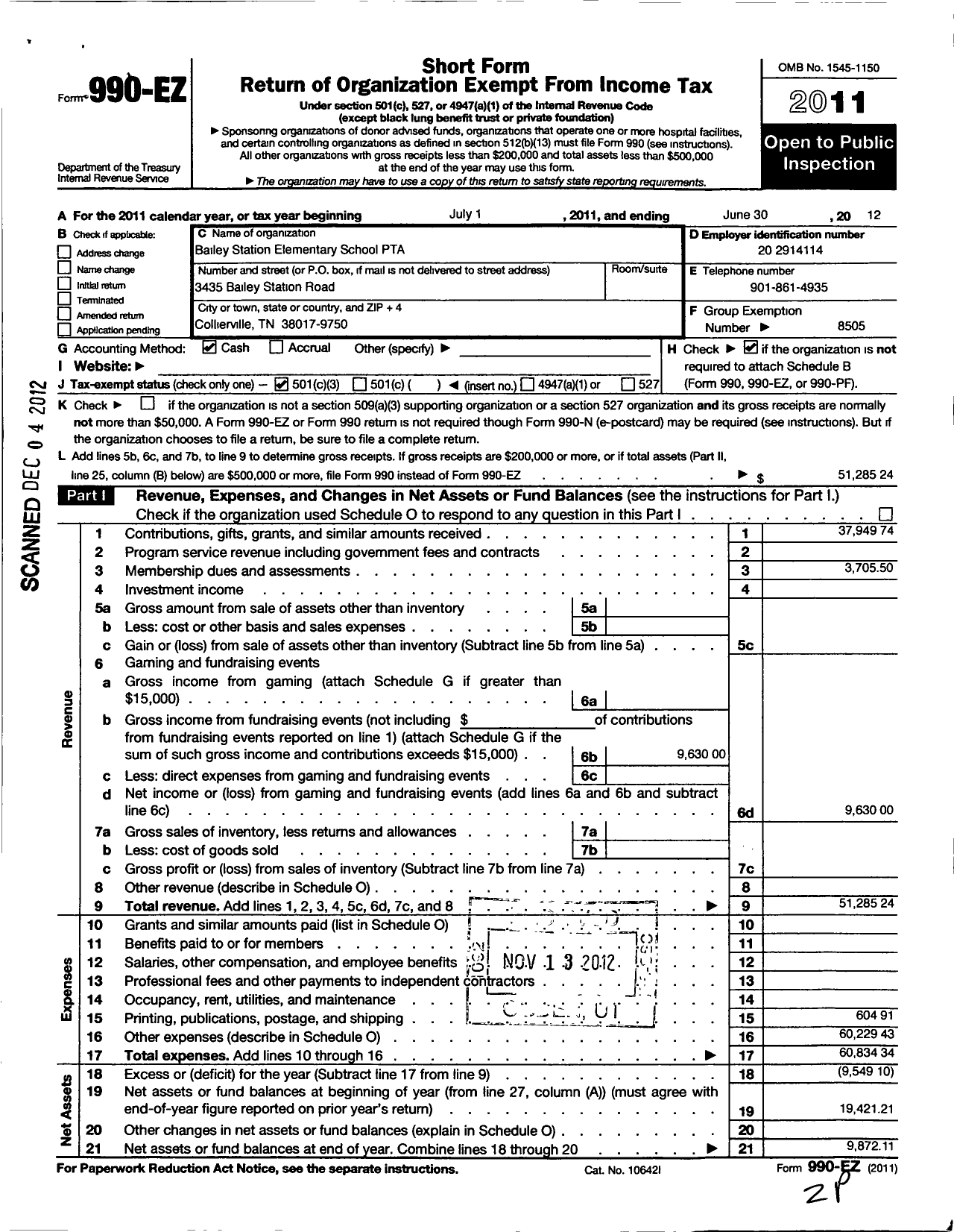 Image of first page of 2011 Form 990EZ for PTA Tennessee Congress of Parents Teachers / Bailey Station Elementary PTA