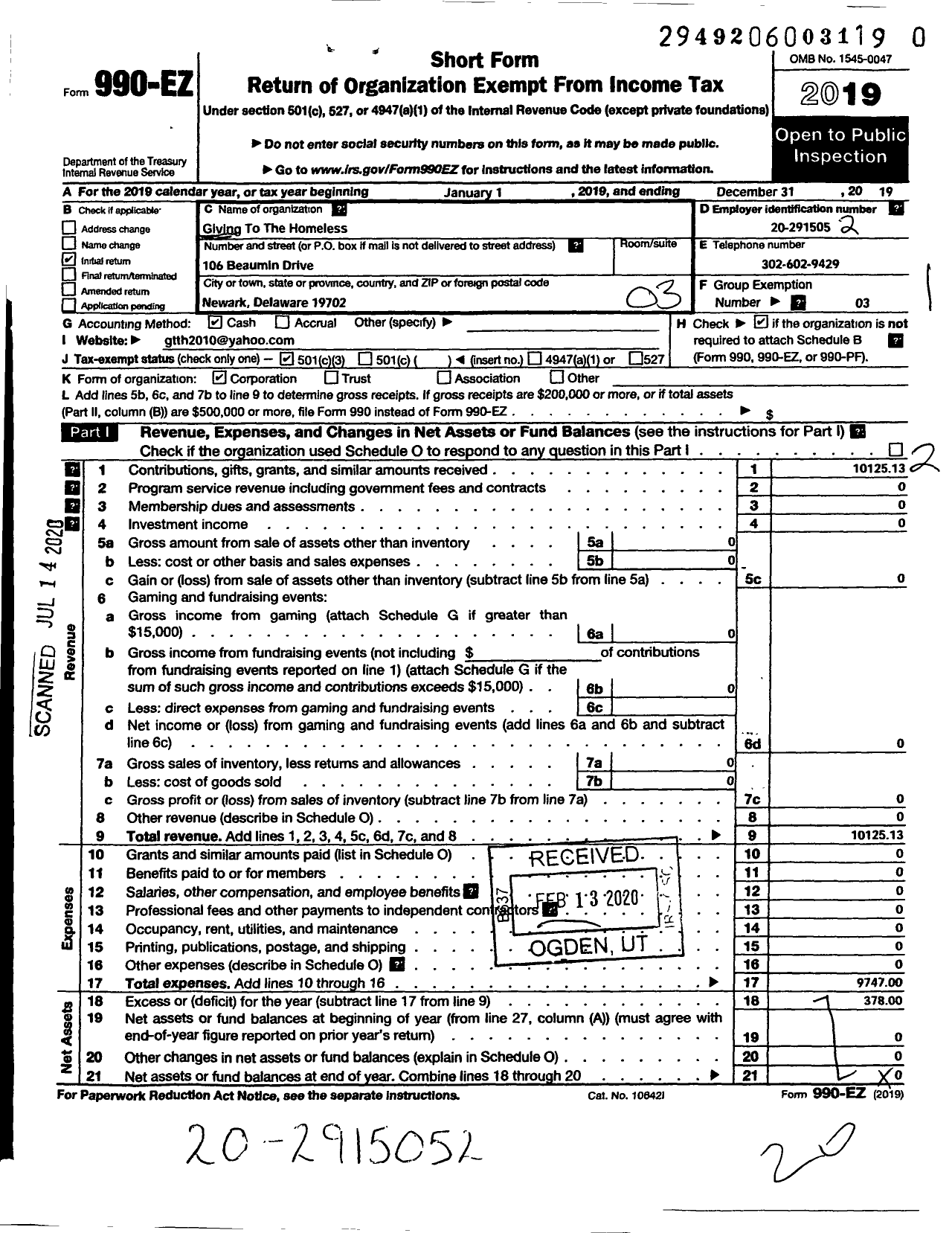 Image of first page of 2019 Form 990EZ for Giving To the Homeless