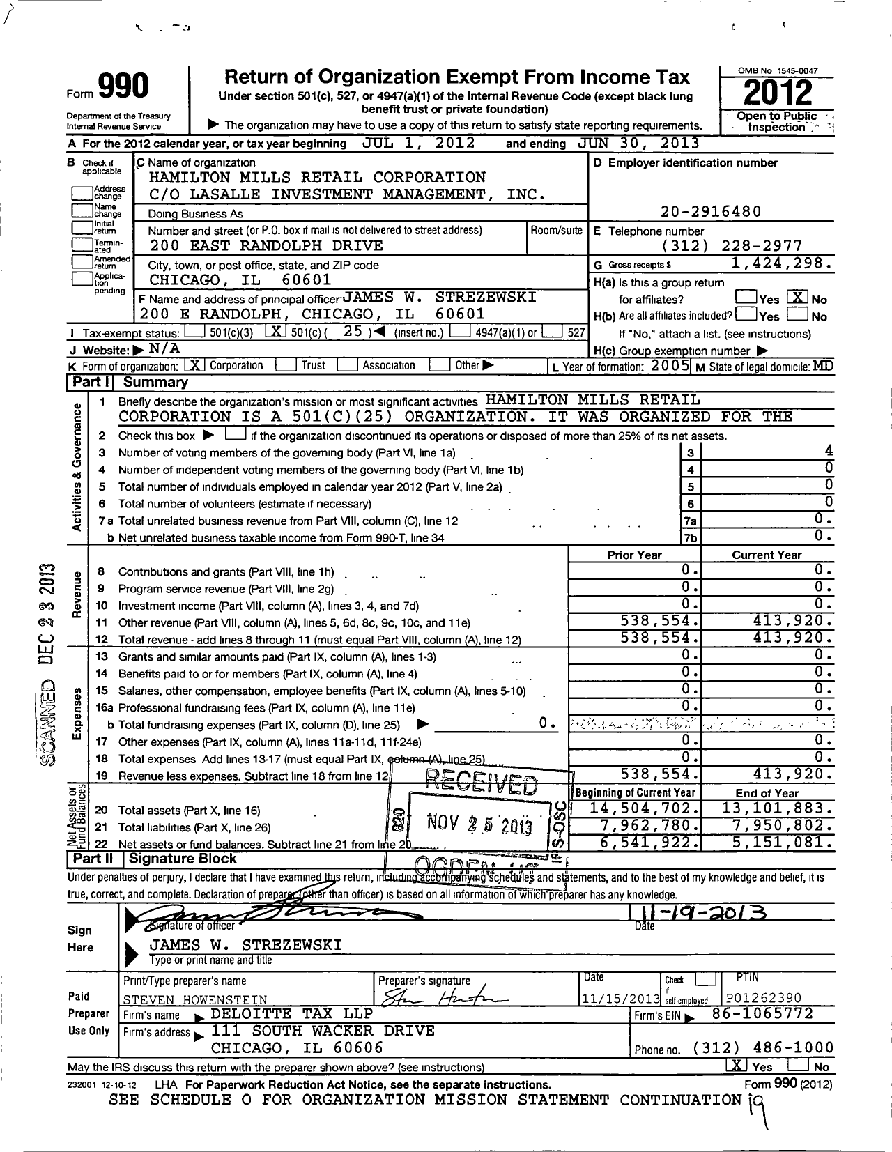 Image of first page of 2012 Form 990O for Hamilton Mills Retail Corporation