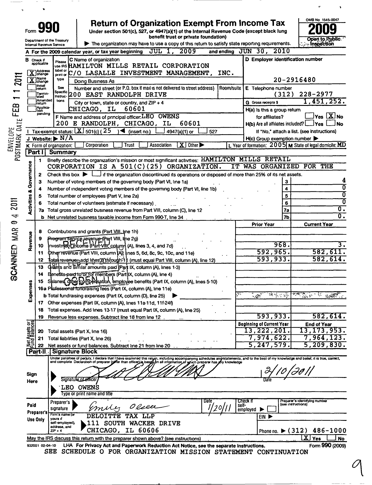Image of first page of 2009 Form 990O for Hamilton Mills Retail Corporation