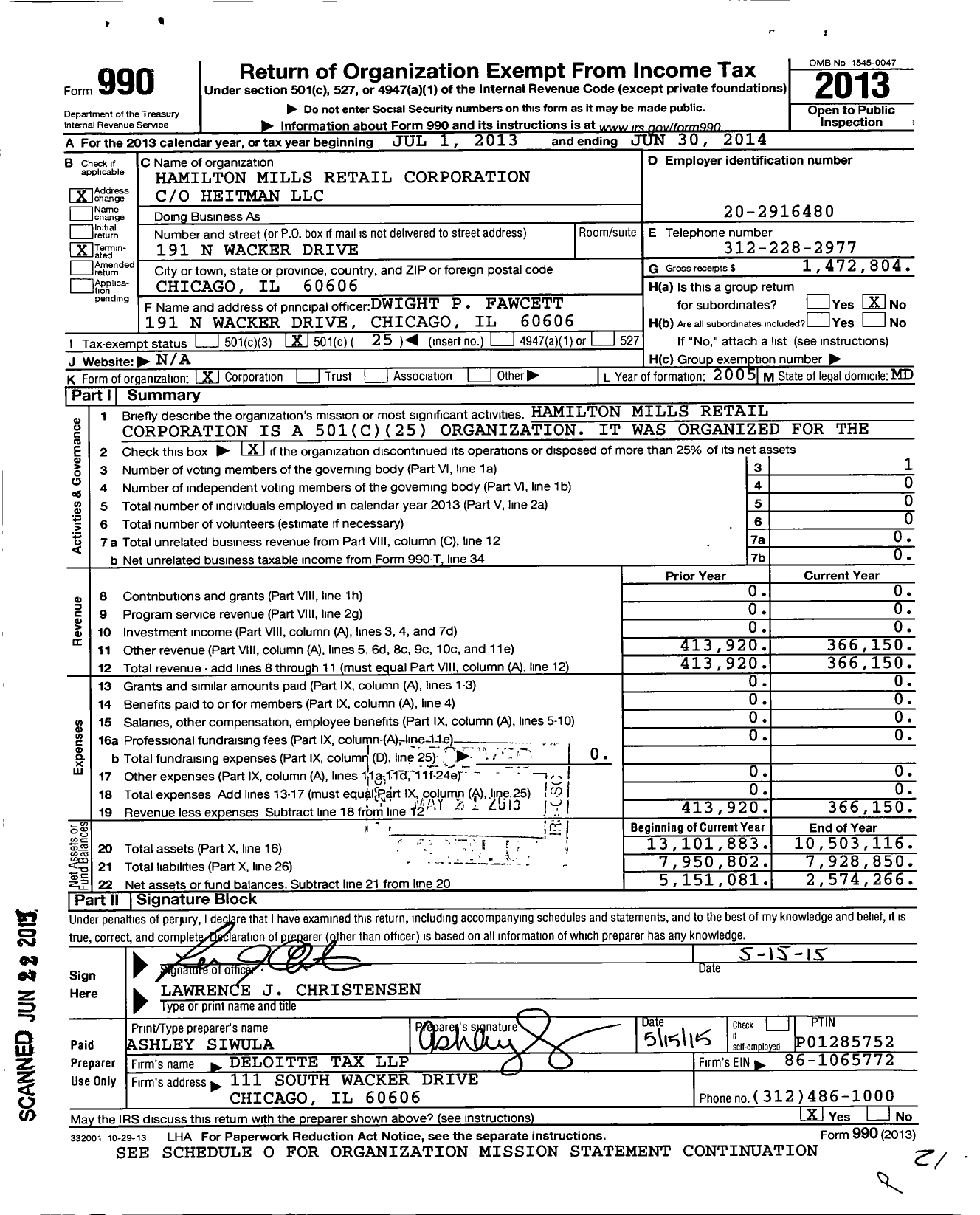 Image of first page of 2013 Form 990O for Hamilton Mills Retail Corporation