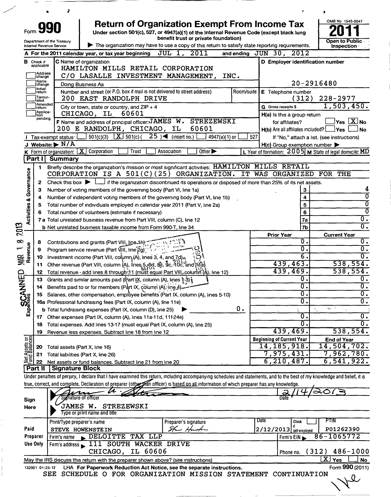 Image of first page of 2011 Form 990O for Hamilton Mills Retail Corporation