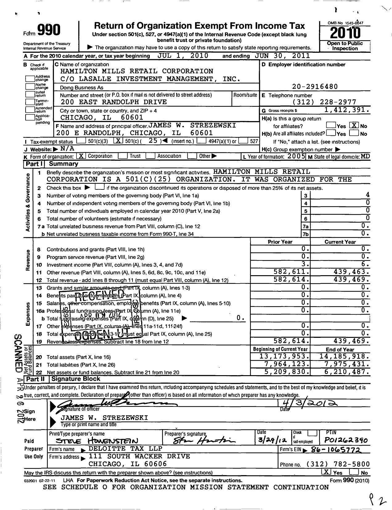 Image of first page of 2010 Form 990O for Hamilton Mills Retail Corporation