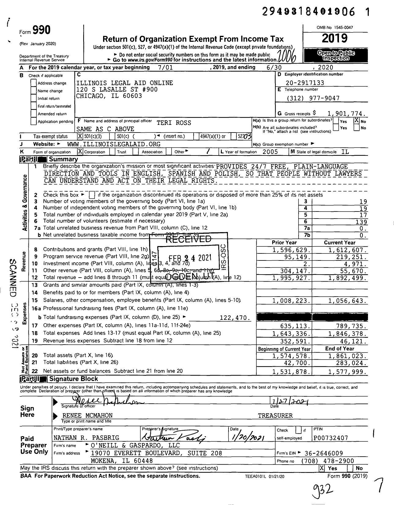 Image of first page of 2019 Form 990 for Illinois Legal Aid Online