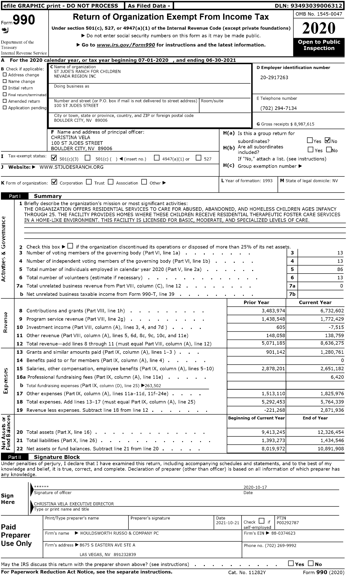 Image of first page of 2020 Form 990 for St Jude's Ranch for Children Nevada Region