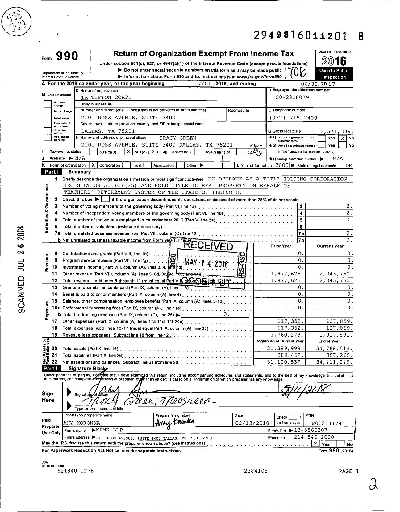 Image of first page of 2016 Form 990O for TR Tipton Corporation