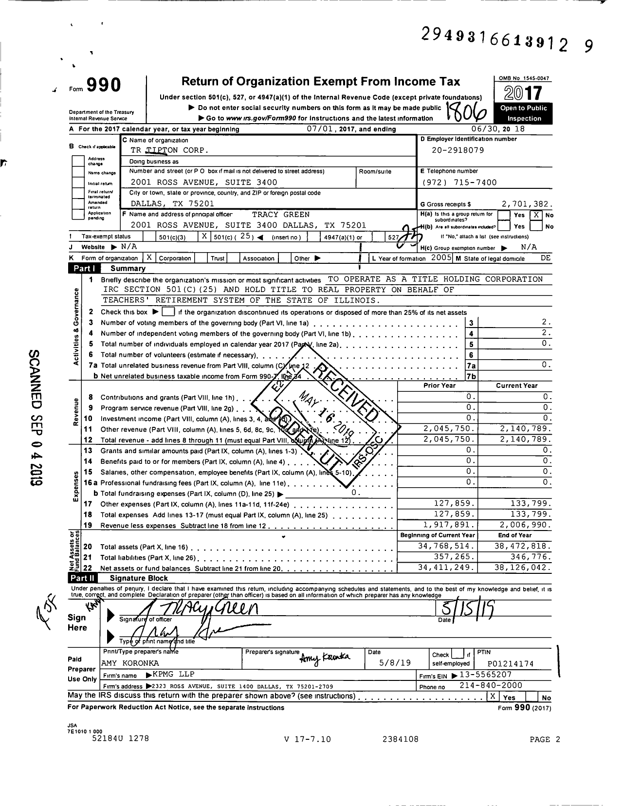 Image of first page of 2017 Form 990O for TR Tipton Corporation