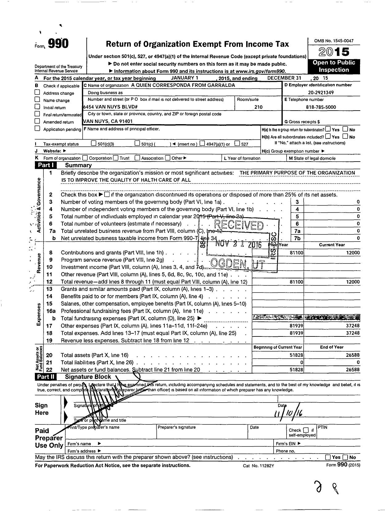 Image of first page of 2015 Form 990O for Trailer of Hope