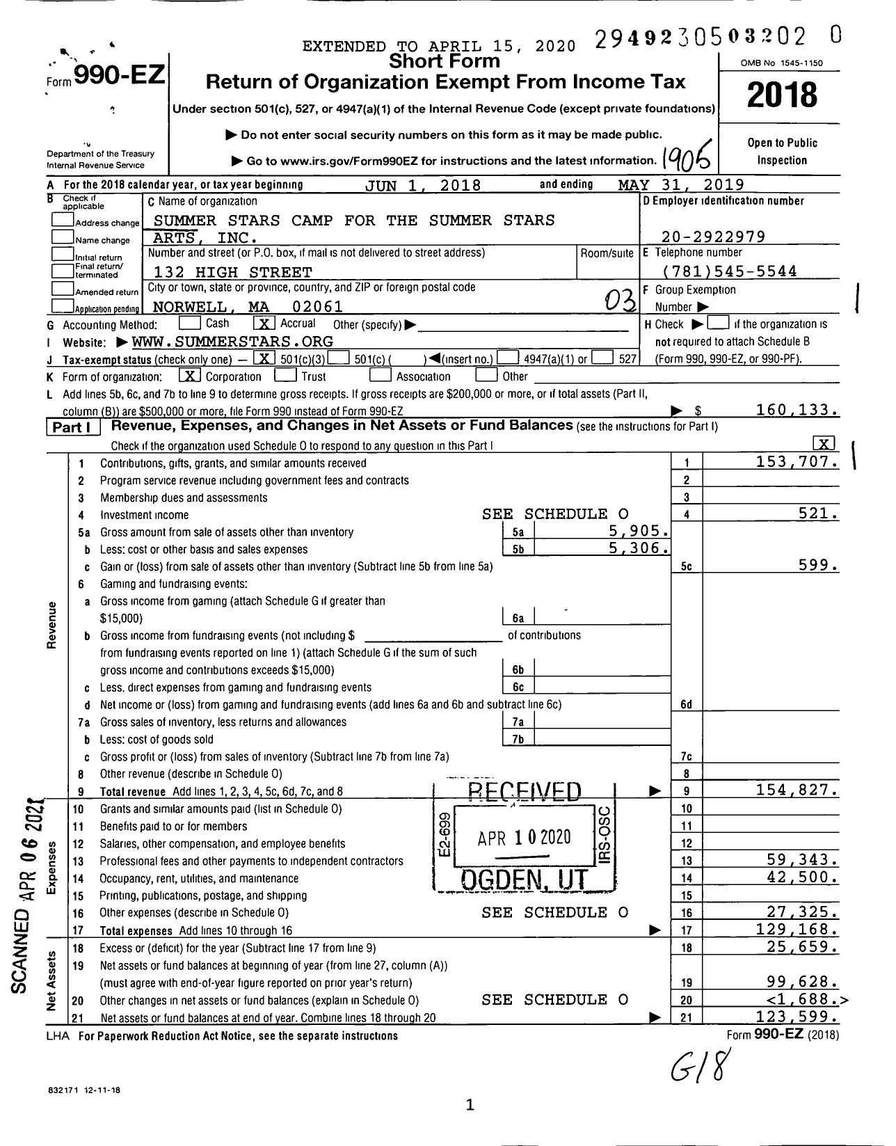 Image of first page of 2018 Form 990EZ for Summer Stars Foundation