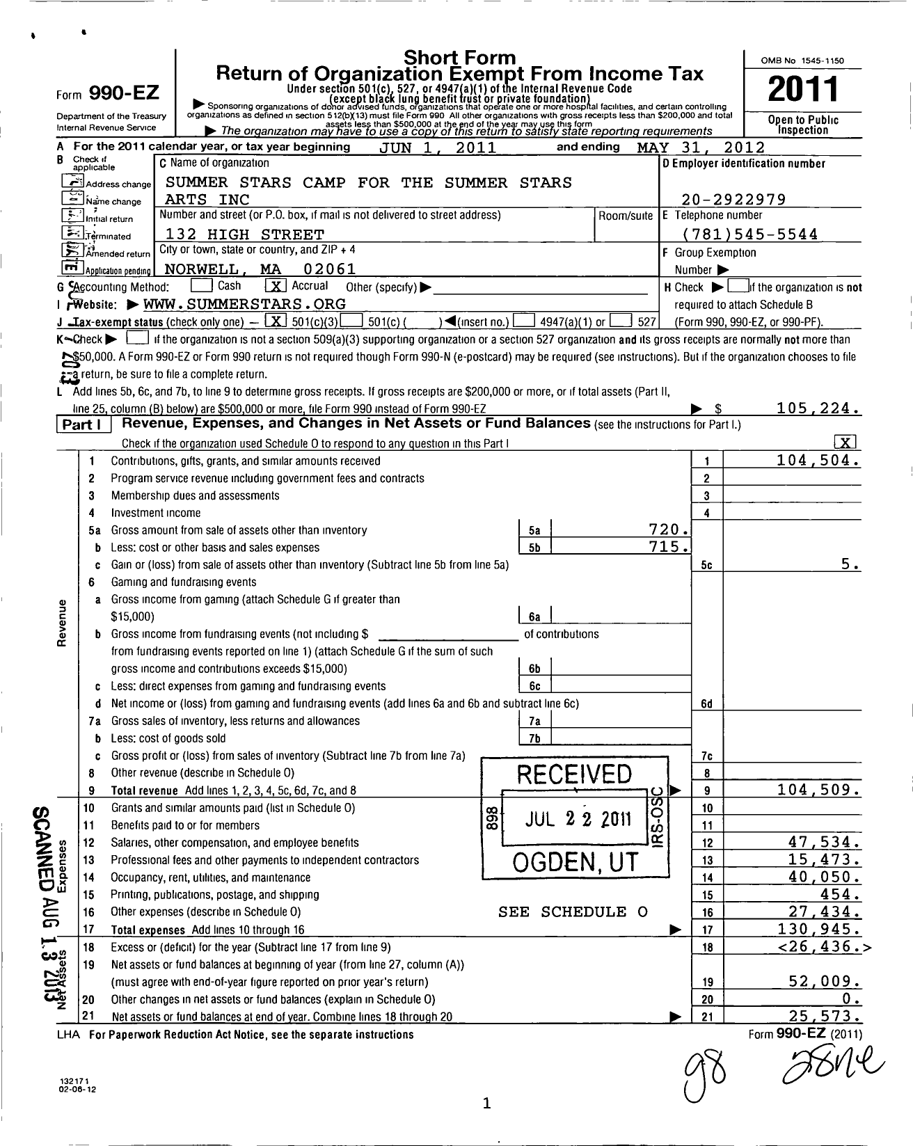 Image of first page of 2011 Form 990EZ for Summer Stars Foundation