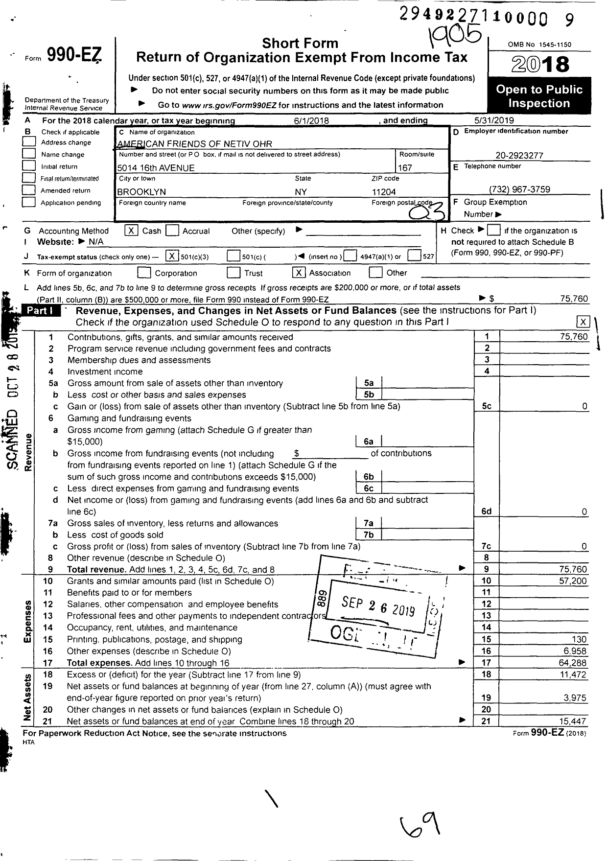 Image of first page of 2018 Form 990EZ for American Friends of Netiv Ohr