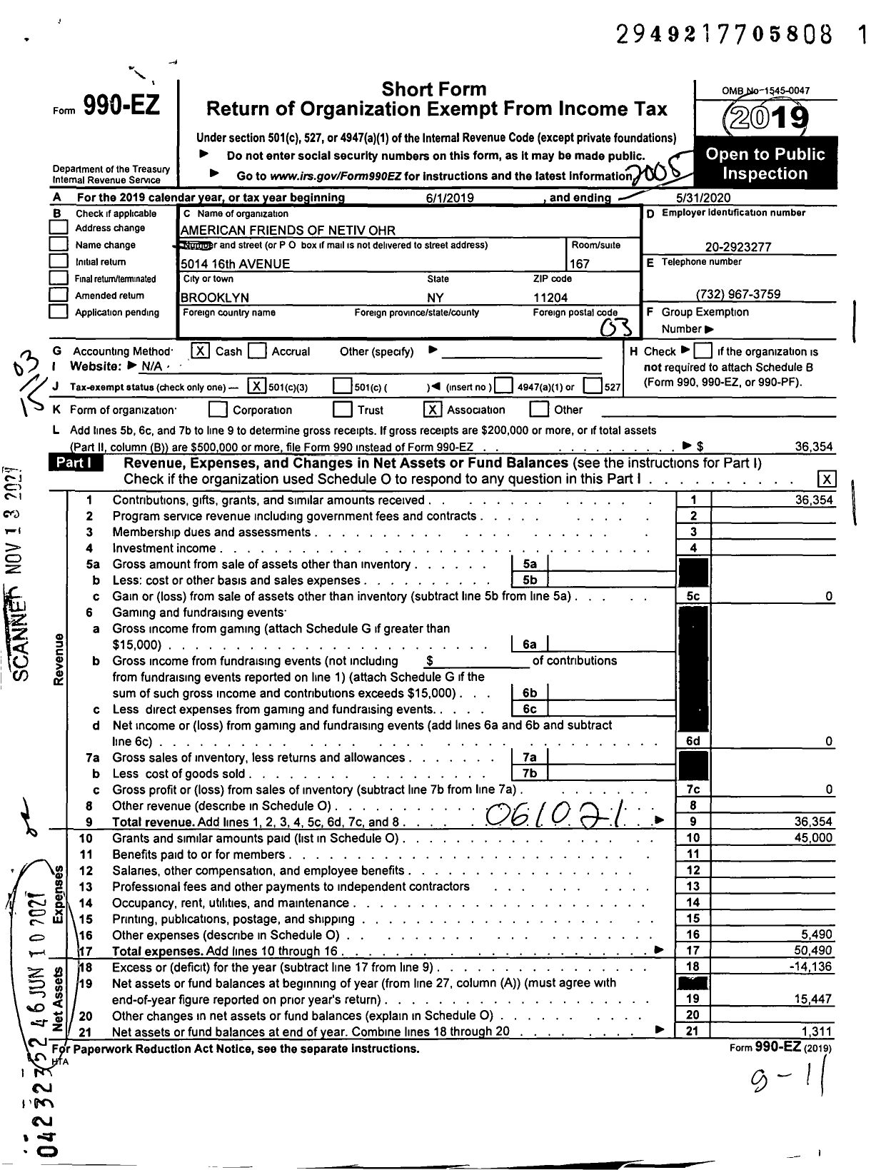 Image of first page of 2019 Form 990EZ for American Friends of Netiv Ohr