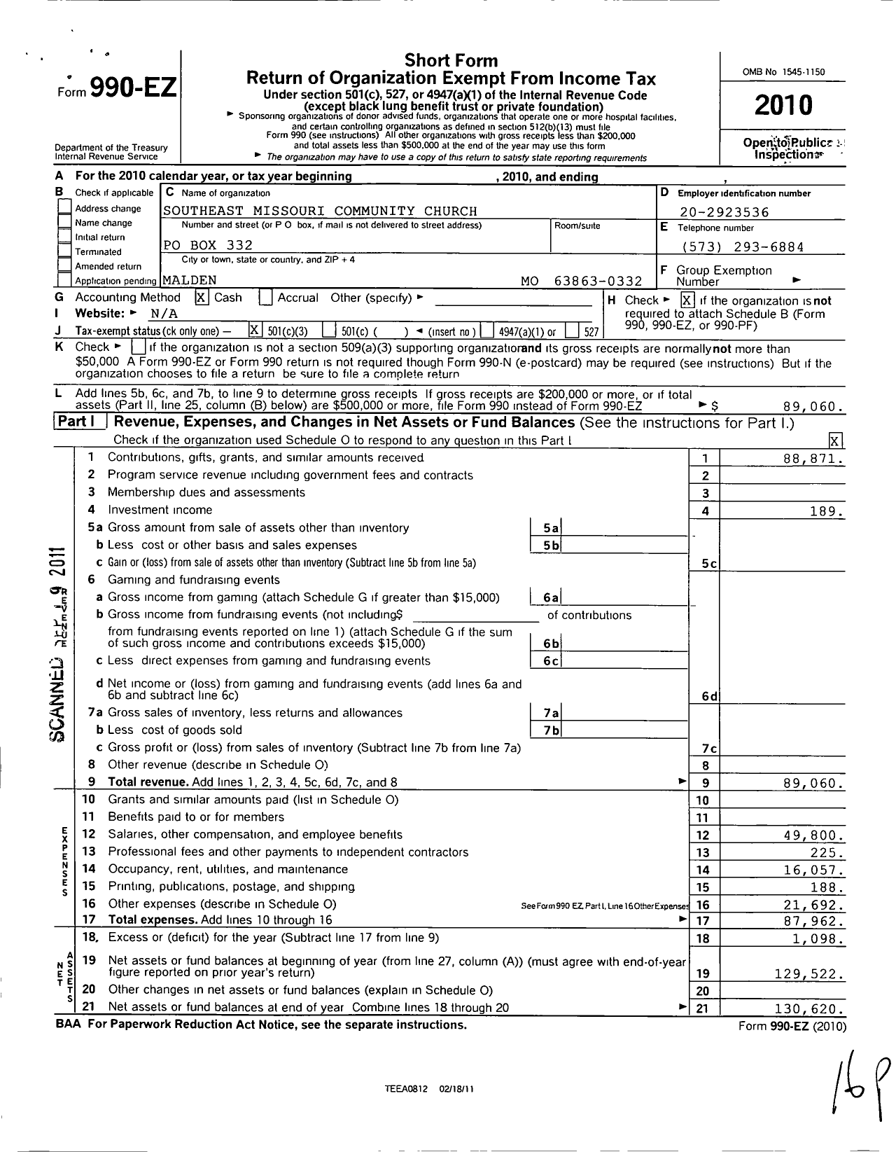 Image of first page of 2010 Form 990EZ for Southeast Missouri Community Church