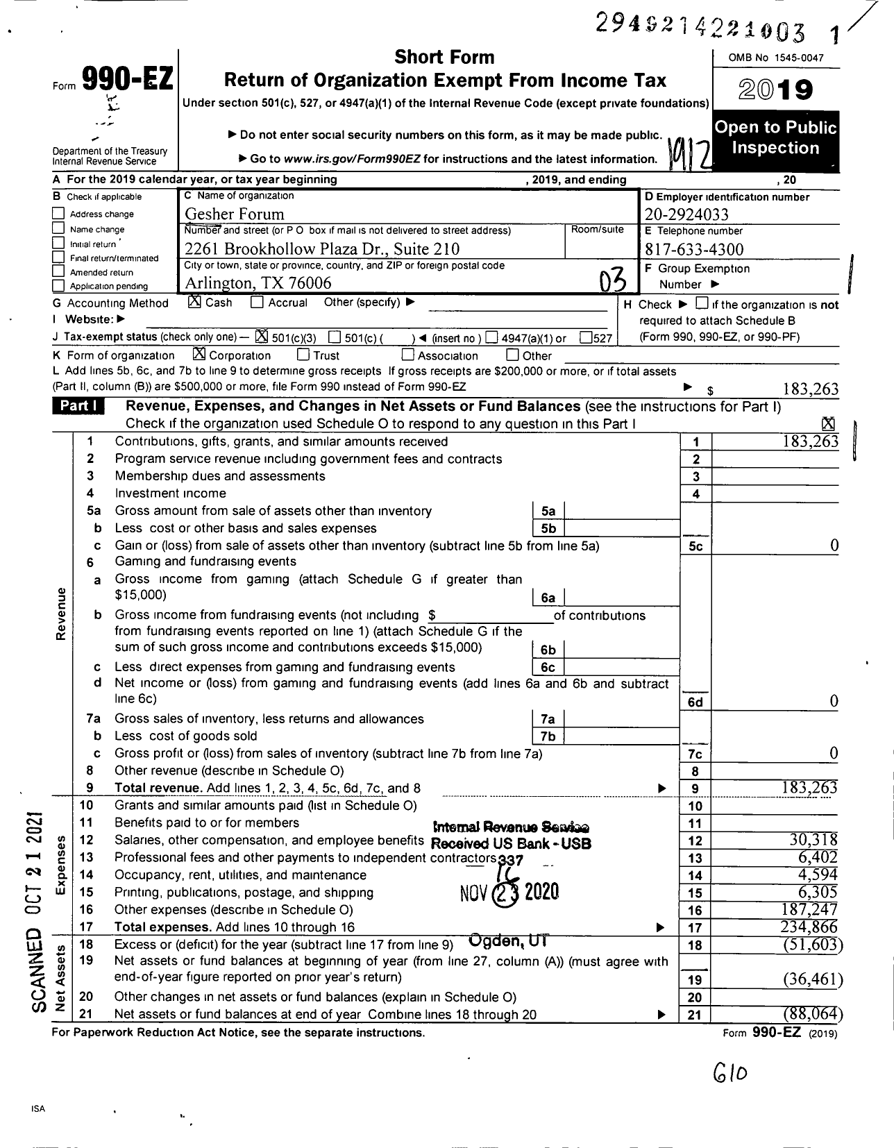 Image of first page of 2019 Form 990EZ for Gesher Forum