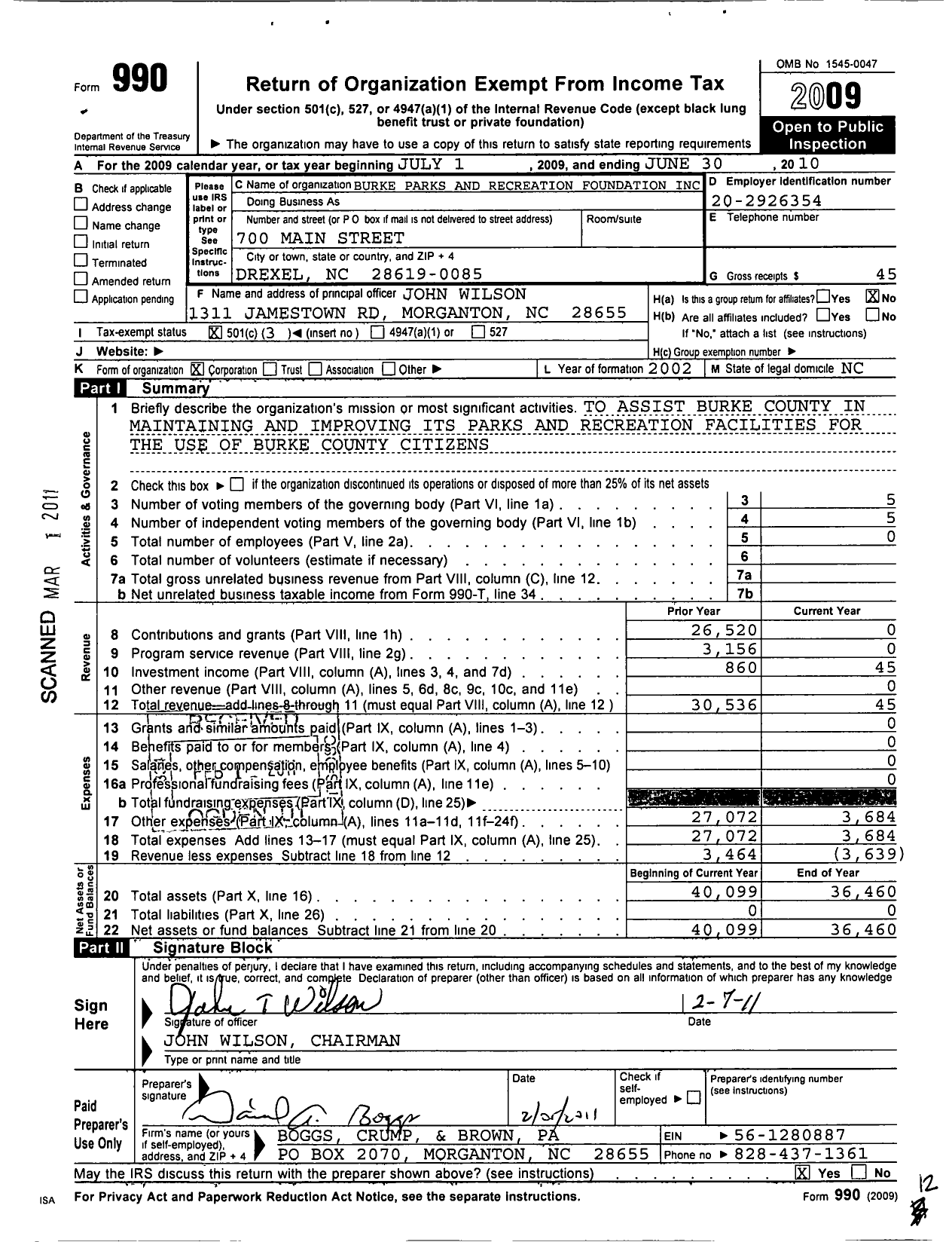 Image of first page of 2009 Form 990 for Burke Parks and Recreation Foundation