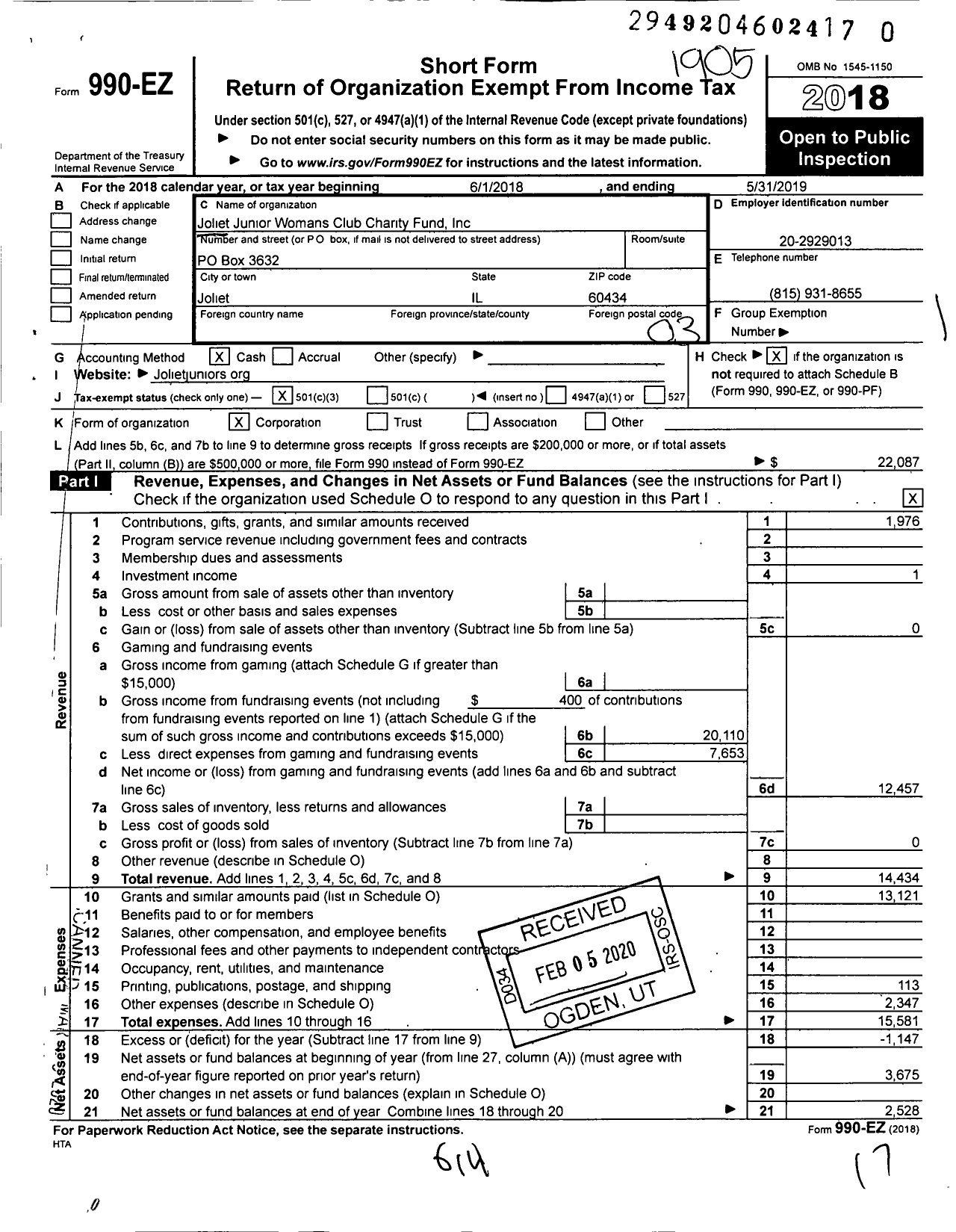 Image of first page of 2018 Form 990EZ for Joliet Junior Womans Club Charity Fund